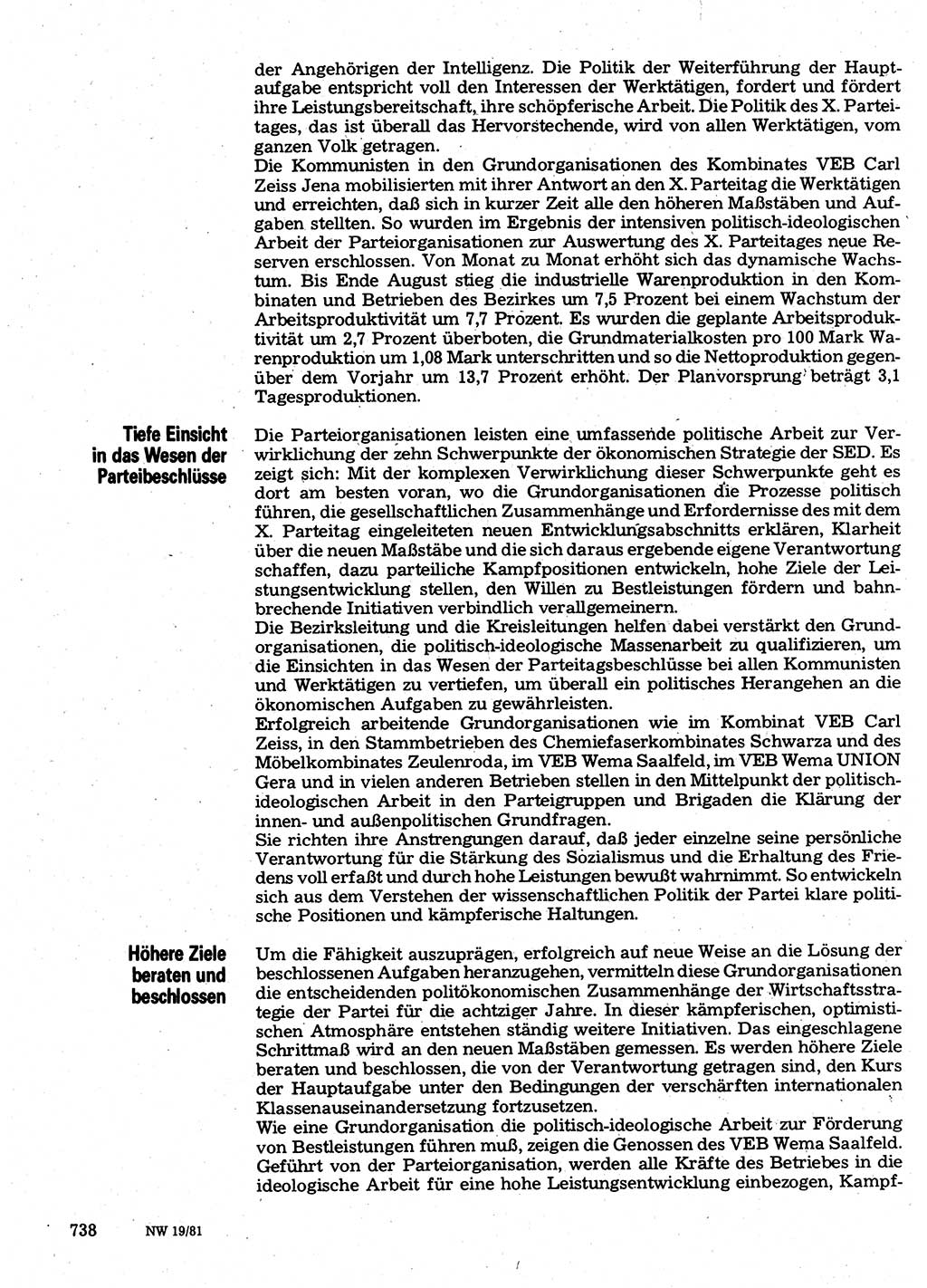 Neuer Weg (NW), Organ des Zentralkomitees (ZK) der SED (Sozialistische Einheitspartei Deutschlands) für Fragen des Parteilebens, 36. Jahrgang [Deutsche Demokratische Republik (DDR)] 1981, Seite 738 (NW ZK SED DDR 1981, S. 738)