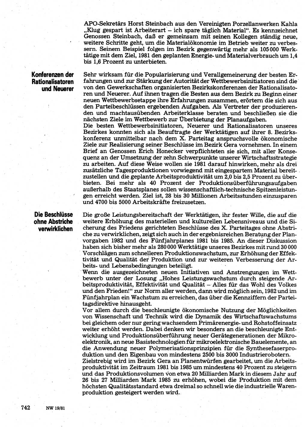 Neuer Weg (NW), Organ des Zentralkomitees (ZK) der SED (Sozialistische Einheitspartei Deutschlands) für Fragen des Parteilebens, 36. Jahrgang [Deutsche Demokratische Republik (DDR)] 1981, Seite 742 (NW ZK SED DDR 1981, S. 742)