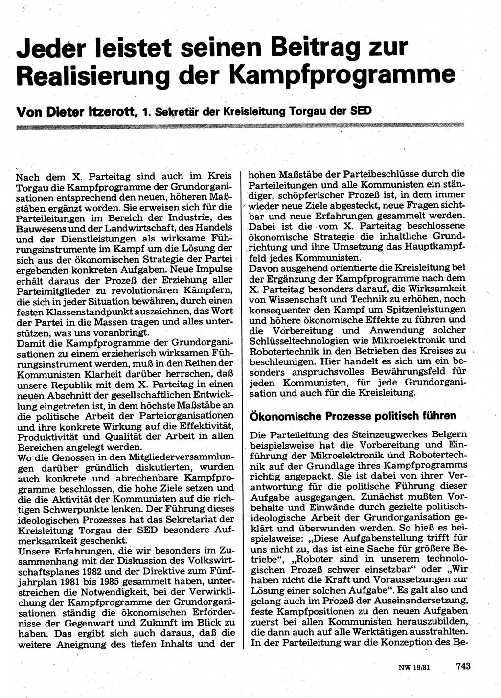 Neuer Weg (NW), Organ des Zentralkomitees (ZK) der SED (Sozialistische Einheitspartei Deutschlands) für Fragen des Parteilebens, 36. Jahrgang [Deutsche Demokratische Republik (DDR)] 1981, Seite 743 (NW ZK SED DDR 1981, S. 743)
