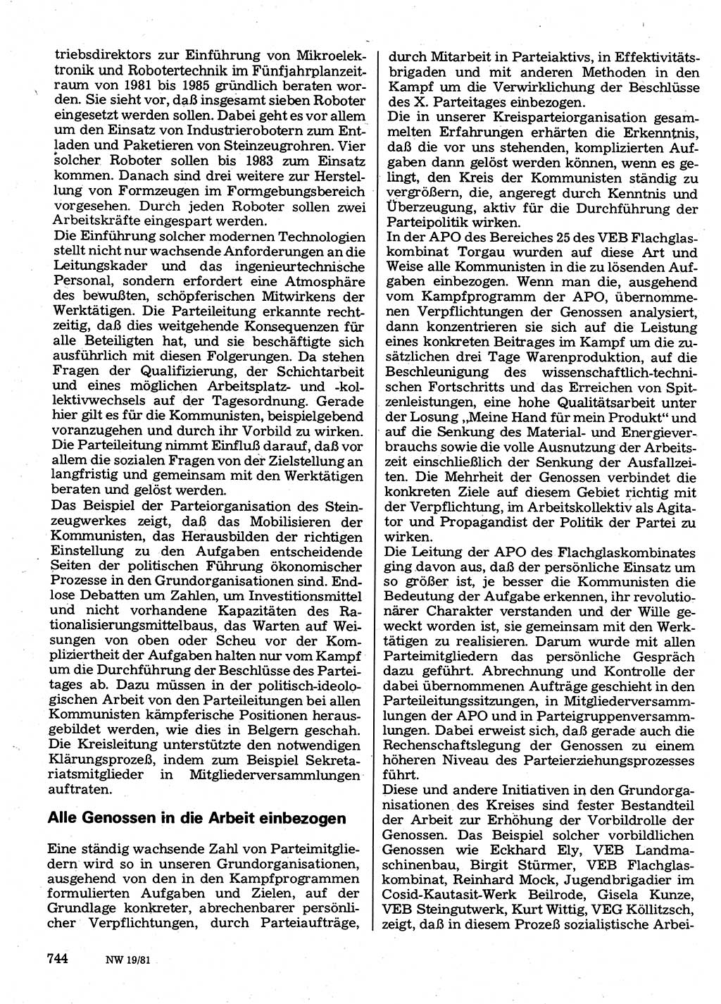 Neuer Weg (NW), Organ des Zentralkomitees (ZK) der SED (Sozialistische Einheitspartei Deutschlands) für Fragen des Parteilebens, 36. Jahrgang [Deutsche Demokratische Republik (DDR)] 1981, Seite 744 (NW ZK SED DDR 1981, S. 744)