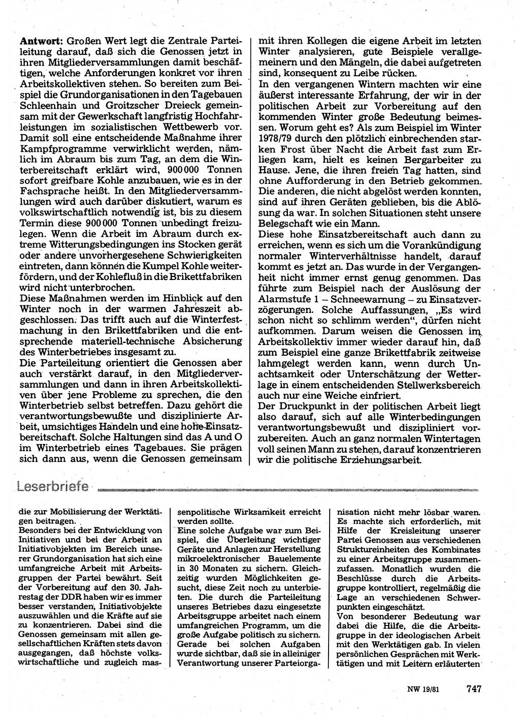 Neuer Weg (NW), Organ des Zentralkomitees (ZK) der SED (Sozialistische Einheitspartei Deutschlands) für Fragen des Parteilebens, 36. Jahrgang [Deutsche Demokratische Republik (DDR)] 1981, Seite 747 (NW ZK SED DDR 1981, S. 747)