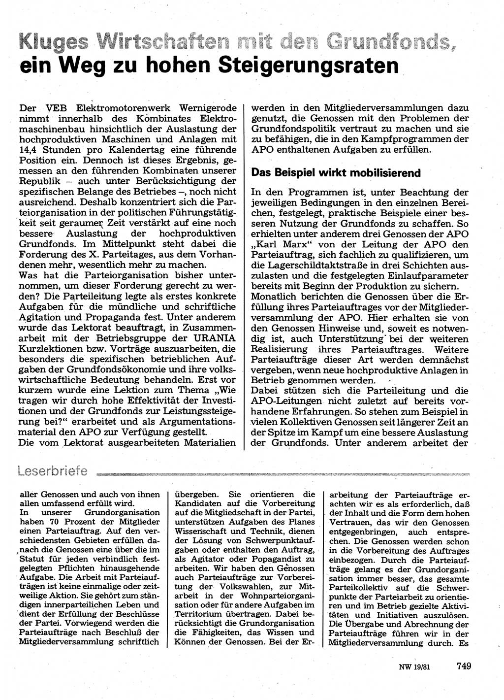 Neuer Weg (NW), Organ des Zentralkomitees (ZK) der SED (Sozialistische Einheitspartei Deutschlands) für Fragen des Parteilebens, 36. Jahrgang [Deutsche Demokratische Republik (DDR)] 1981, Seite 749 (NW ZK SED DDR 1981, S. 749)