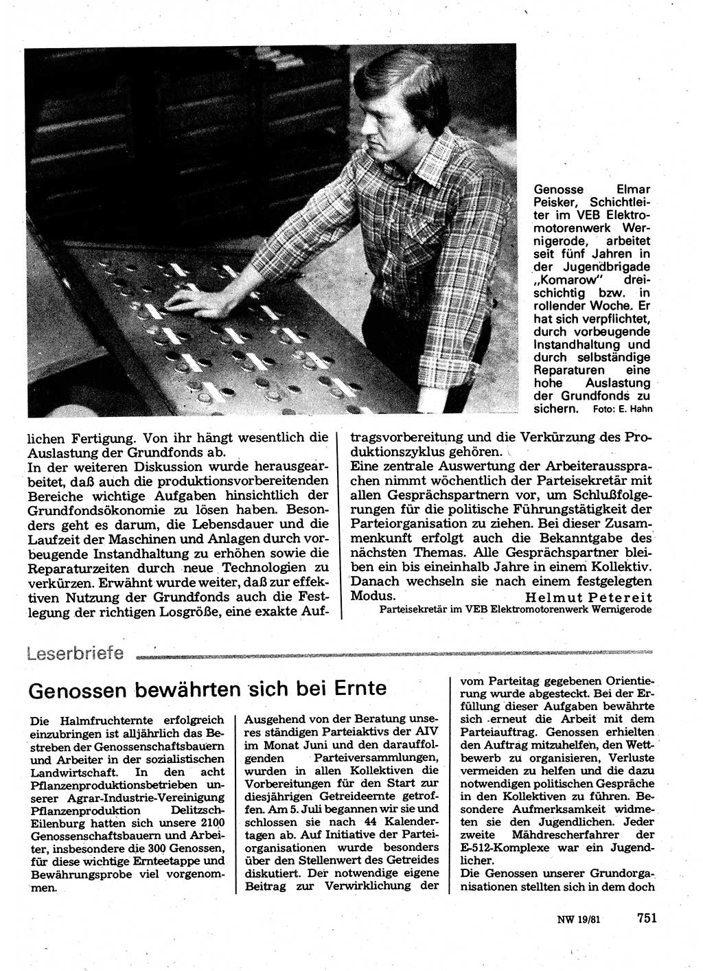 Neuer Weg (NW), Organ des Zentralkomitees (ZK) der SED (Sozialistische Einheitspartei Deutschlands) für Fragen des Parteilebens, 36. Jahrgang [Deutsche Demokratische Republik (DDR)] 1981, Seite 751 (NW ZK SED DDR 1981, S. 751)