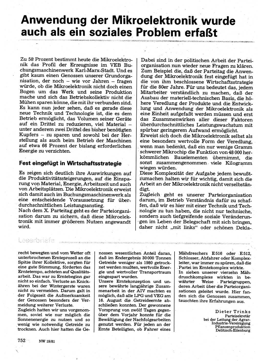 Neuer Weg (NW), Organ des Zentralkomitees (ZK) der SED (Sozialistische Einheitspartei Deutschlands) für Fragen des Parteilebens, 36. Jahrgang [Deutsche Demokratische Republik (DDR)] 1981, Seite 752 (NW ZK SED DDR 1981, S. 752)