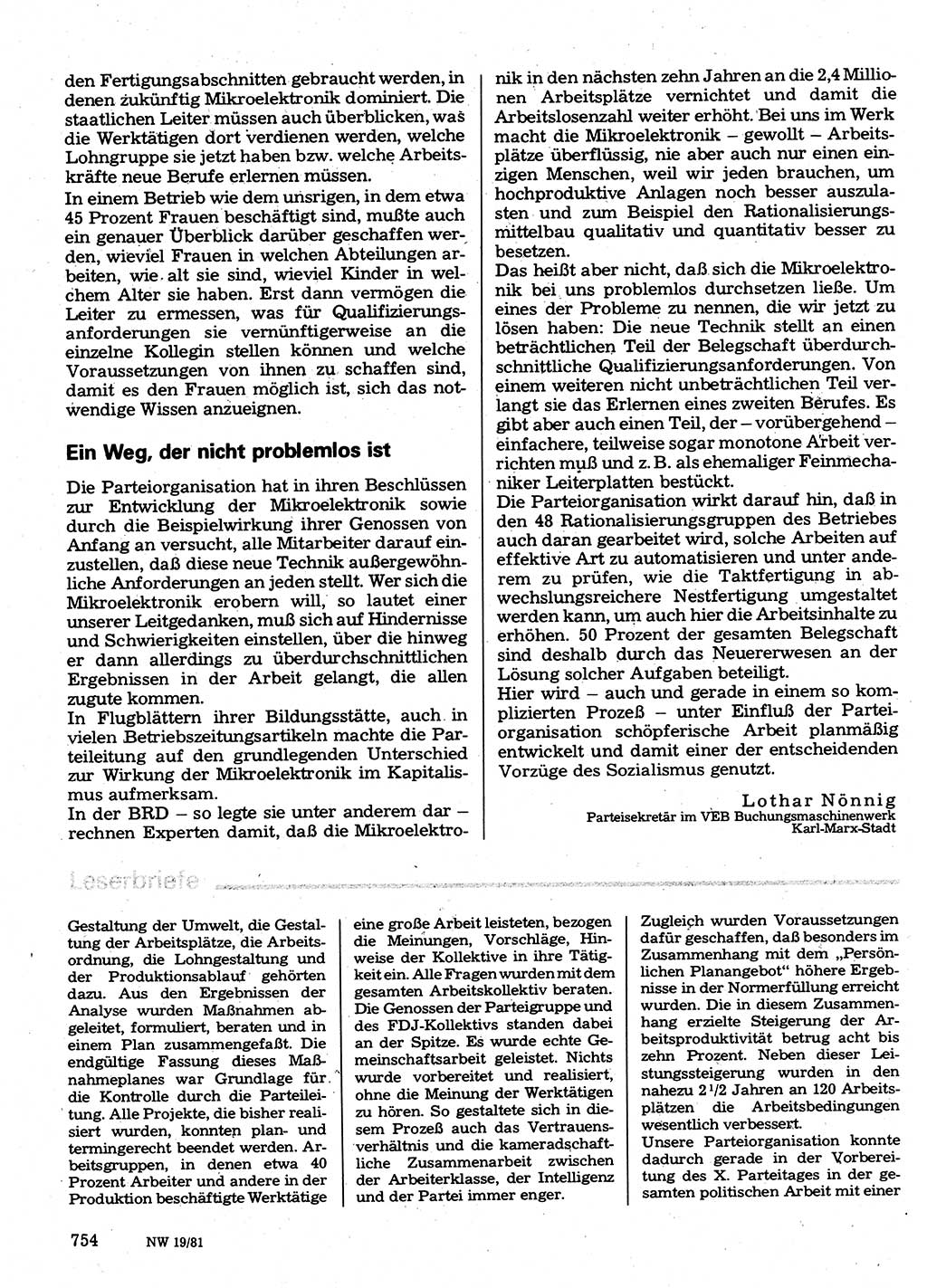 Neuer Weg (NW), Organ des Zentralkomitees (ZK) der SED (Sozialistische Einheitspartei Deutschlands) für Fragen des Parteilebens, 36. Jahrgang [Deutsche Demokratische Republik (DDR)] 1981, Seite 754 (NW ZK SED DDR 1981, S. 754)
