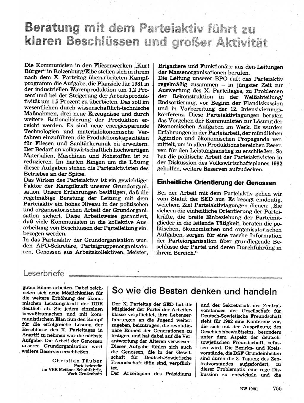 Neuer Weg (NW), Organ des Zentralkomitees (ZK) der SED (Sozialistische Einheitspartei Deutschlands) für Fragen des Parteilebens, 36. Jahrgang [Deutsche Demokratische Republik (DDR)] 1981, Seite 755 (NW ZK SED DDR 1981, S. 755)