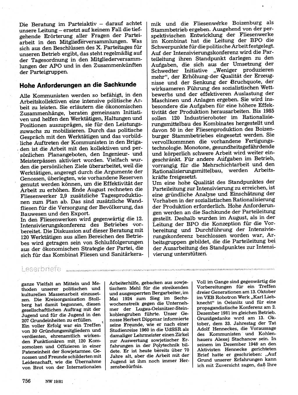 Neuer Weg (NW), Organ des Zentralkomitees (ZK) der SED (Sozialistische Einheitspartei Deutschlands) für Fragen des Parteilebens, 36. Jahrgang [Deutsche Demokratische Republik (DDR)] 1981, Seite 756 (NW ZK SED DDR 1981, S. 756)