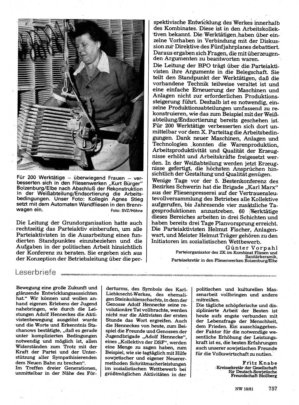 Neuer Weg (NW), Organ des Zentralkomitees (ZK) der SED (Sozialistische Einheitspartei Deutschlands) für Fragen des Parteilebens, 36. Jahrgang [Deutsche Demokratische Republik (DDR)] 1981, Seite 757 (NW ZK SED DDR 1981, S. 757)