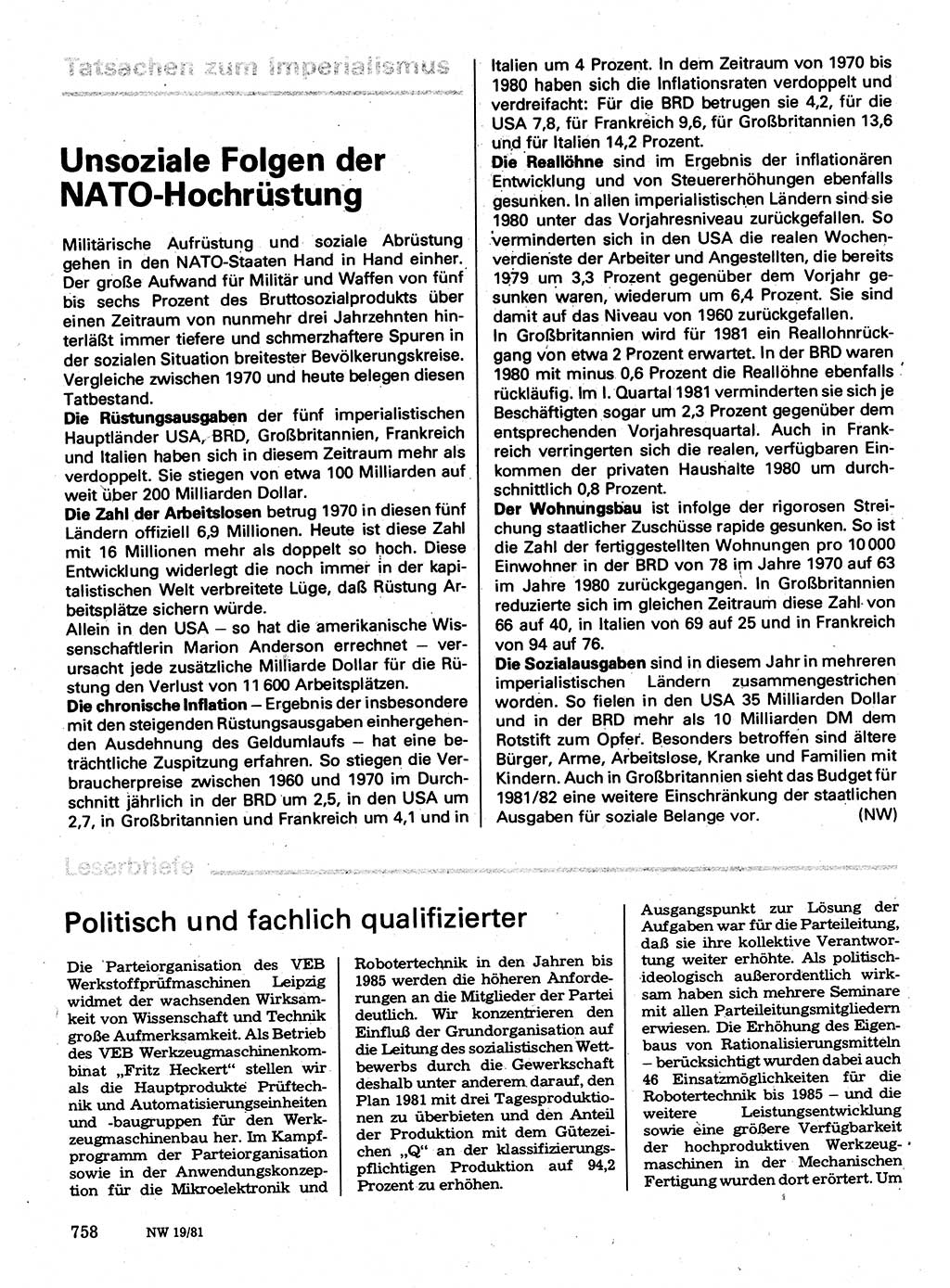 Neuer Weg (NW), Organ des Zentralkomitees (ZK) der SED (Sozialistische Einheitspartei Deutschlands) für Fragen des Parteilebens, 36. Jahrgang [Deutsche Demokratische Republik (DDR)] 1981, Seite 758 (NW ZK SED DDR 1981, S. 758)