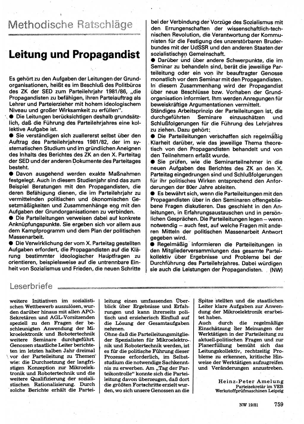 Neuer Weg (NW), Organ des Zentralkomitees (ZK) der SED (Sozialistische Einheitspartei Deutschlands) für Fragen des Parteilebens, 36. Jahrgang [Deutsche Demokratische Republik (DDR)] 1981, Seite 759 (NW ZK SED DDR 1981, S. 759)