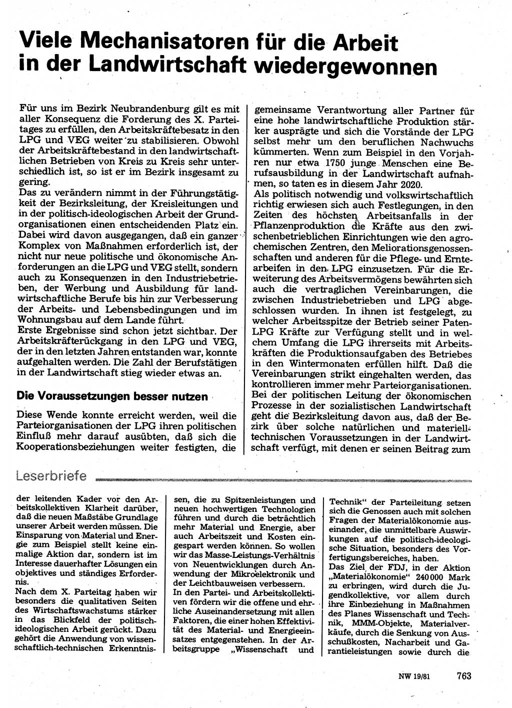 Neuer Weg (NW), Organ des Zentralkomitees (ZK) der SED (Sozialistische Einheitspartei Deutschlands) für Fragen des Parteilebens, 36. Jahrgang [Deutsche Demokratische Republik (DDR)] 1981, Seite 763 (NW ZK SED DDR 1981, S. 763)