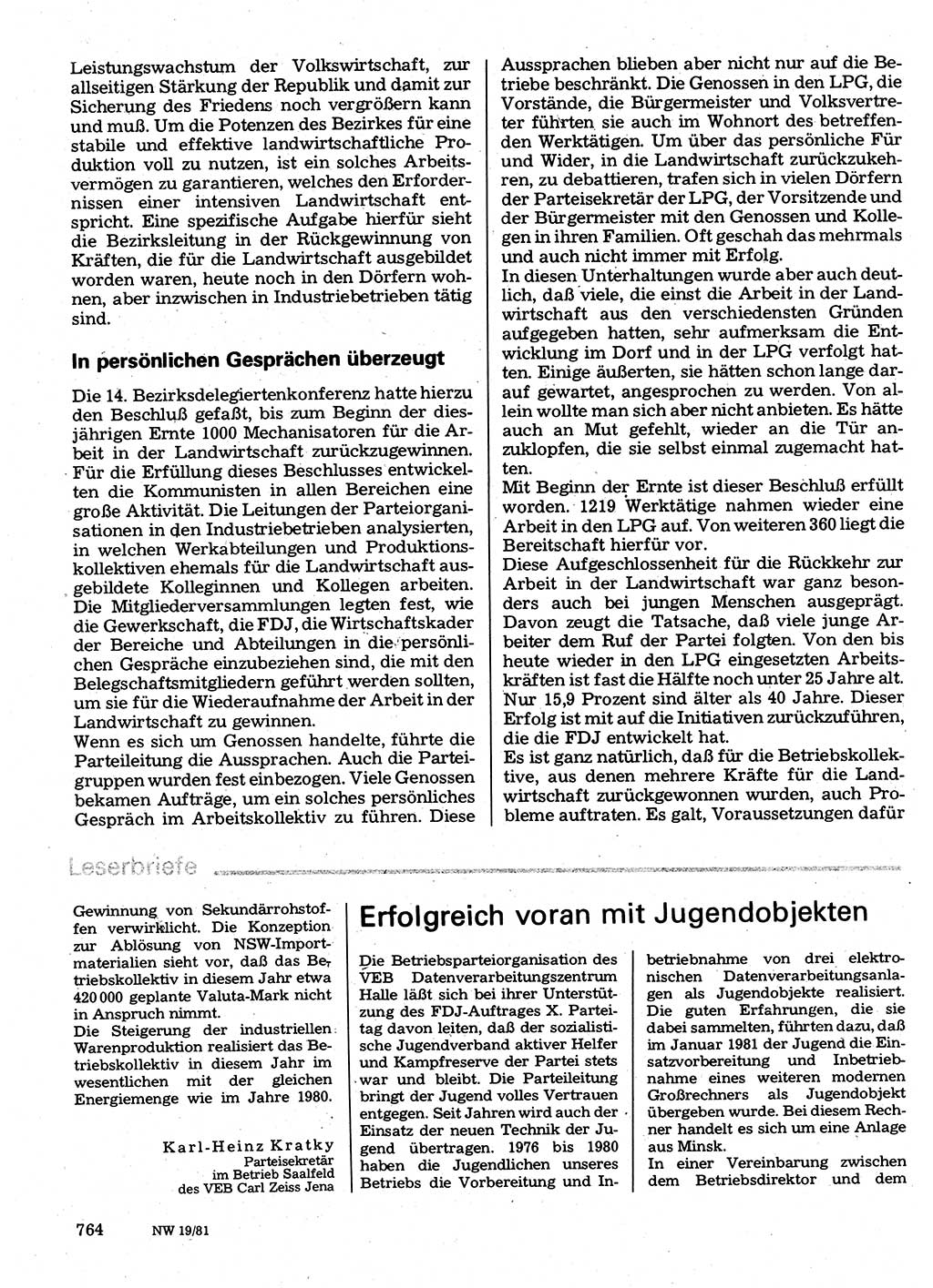 Neuer Weg (NW), Organ des Zentralkomitees (ZK) der SED (Sozialistische Einheitspartei Deutschlands) für Fragen des Parteilebens, 36. Jahrgang [Deutsche Demokratische Republik (DDR)] 1981, Seite 764 (NW ZK SED DDR 1981, S. 764)