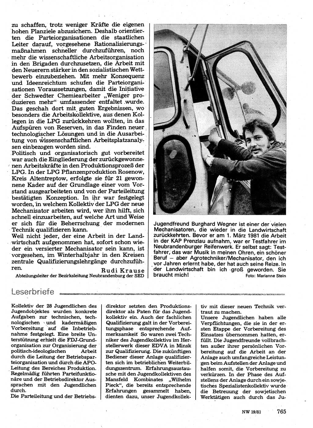 Neuer Weg (NW), Organ des Zentralkomitees (ZK) der SED (Sozialistische Einheitspartei Deutschlands) für Fragen des Parteilebens, 36. Jahrgang [Deutsche Demokratische Republik (DDR)] 1981, Seite 765 (NW ZK SED DDR 1981, S. 765)