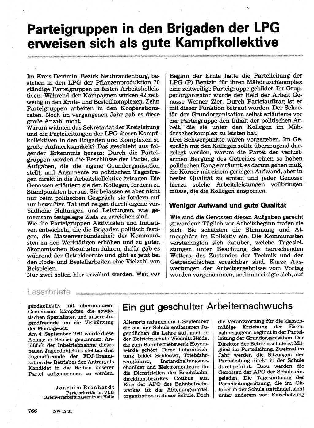 Neuer Weg (NW), Organ des Zentralkomitees (ZK) der SED (Sozialistische Einheitspartei Deutschlands) für Fragen des Parteilebens, 36. Jahrgang [Deutsche Demokratische Republik (DDR)] 1981, Seite 766 (NW ZK SED DDR 1981, S. 766)