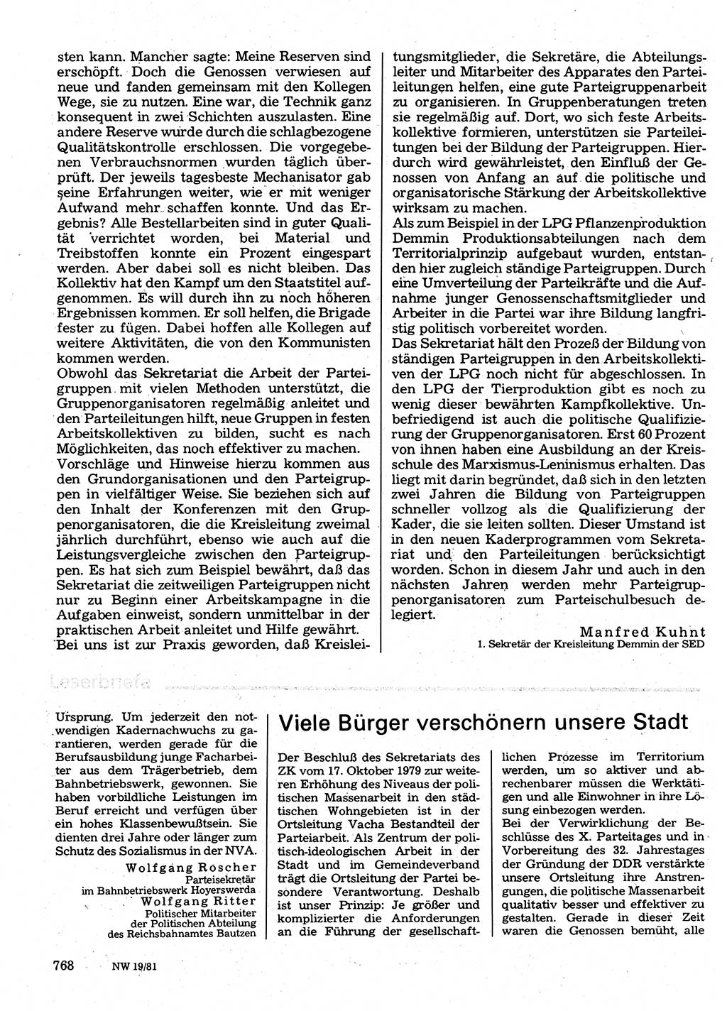 Neuer Weg (NW), Organ des Zentralkomitees (ZK) der SED (Sozialistische Einheitspartei Deutschlands) für Fragen des Parteilebens, 36. Jahrgang [Deutsche Demokratische Republik (DDR)] 1981, Seite 768 (NW ZK SED DDR 1981, S. 768)