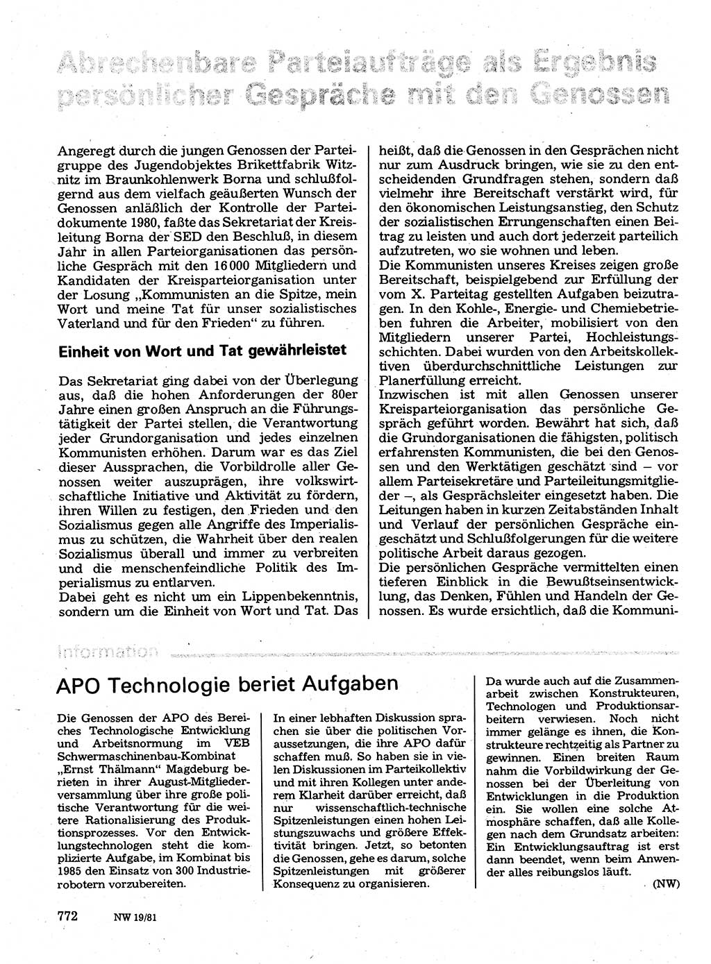 Neuer Weg (NW), Organ des Zentralkomitees (ZK) der SED (Sozialistische Einheitspartei Deutschlands) für Fragen des Parteilebens, 36. Jahrgang [Deutsche Demokratische Republik (DDR)] 1981, Seite 772 (NW ZK SED DDR 1981, S. 772)