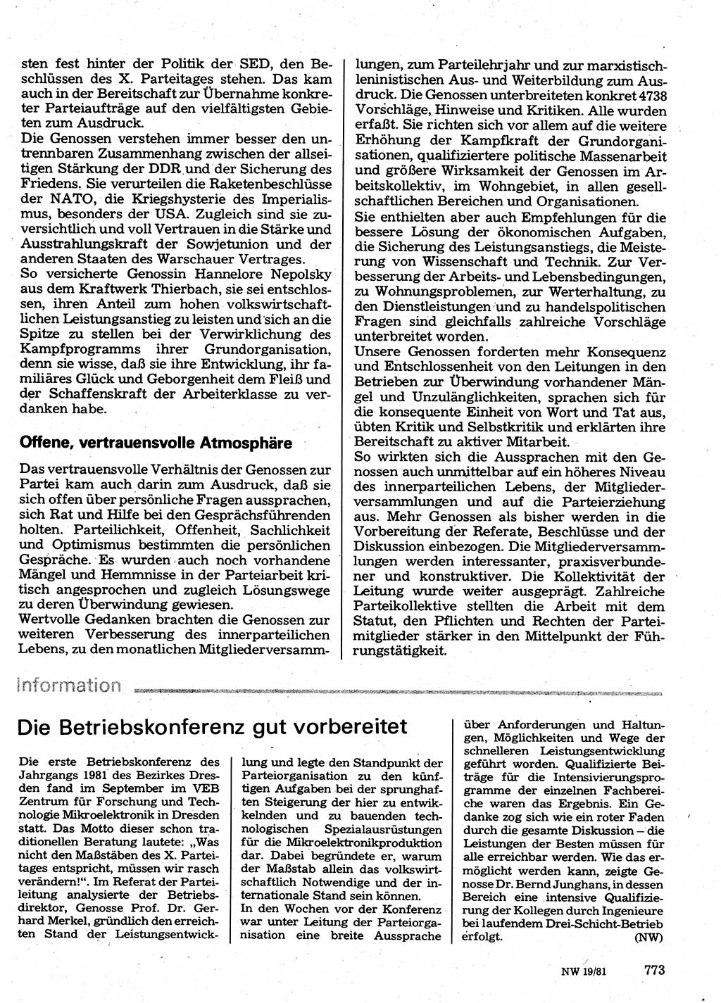 Neuer Weg (NW), Organ des Zentralkomitees (ZK) der SED (Sozialistische Einheitspartei Deutschlands) für Fragen des Parteilebens, 36. Jahrgang [Deutsche Demokratische Republik (DDR)] 1981, Seite 773 (NW ZK SED DDR 1981, S. 773)