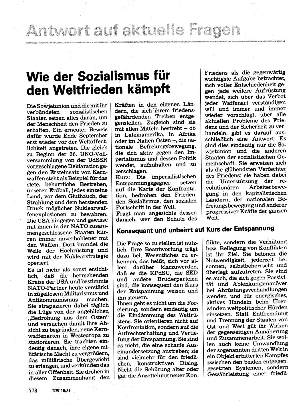 Neuer Weg (NW), Organ des Zentralkomitees (ZK) der SED (Sozialistische Einheitspartei Deutschlands) für Fragen des Parteilebens, 36. Jahrgang [Deutsche Demokratische Republik (DDR)] 1981, Seite 778 (NW ZK SED DDR 1981, S. 778)