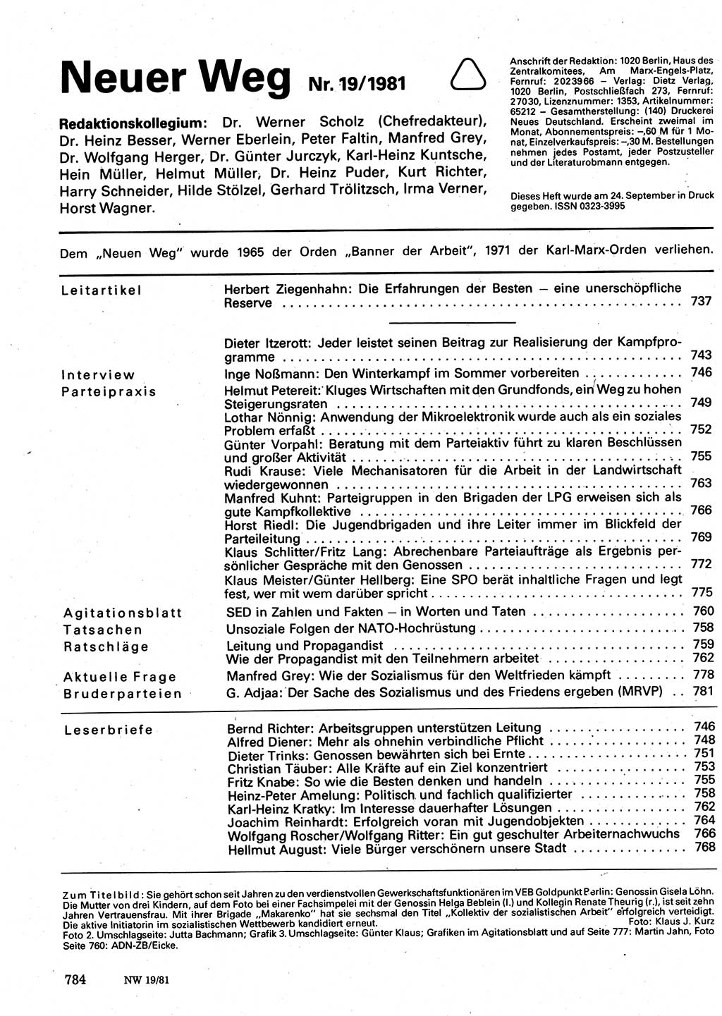Neuer Weg (NW), Organ des Zentralkomitees (ZK) der SED (Sozialistische Einheitspartei Deutschlands) für Fragen des Parteilebens, 36. Jahrgang [Deutsche Demokratische Republik (DDR)] 1981, Seite 784 (NW ZK SED DDR 1981, S. 784)