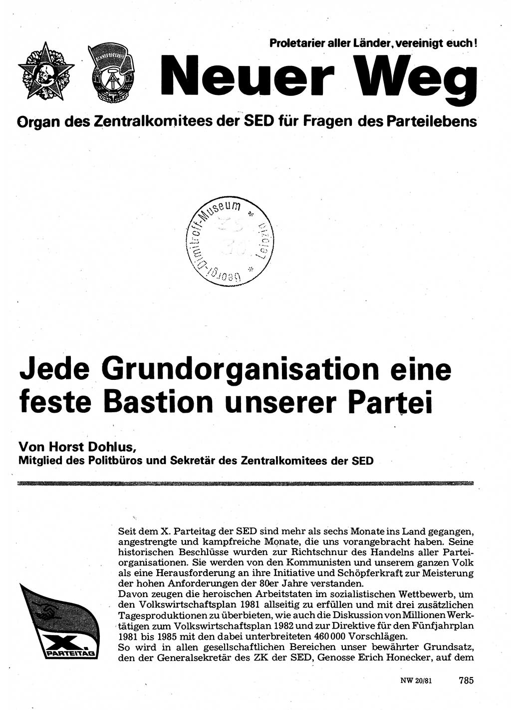 Neuer Weg (NW), Organ des Zentralkomitees (ZK) der SED (Sozialistische Einheitspartei Deutschlands) für Fragen des Parteilebens, 36. Jahrgang [Deutsche Demokratische Republik (DDR)] 1981, Seite 785 (NW ZK SED DDR 1981, S. 785)