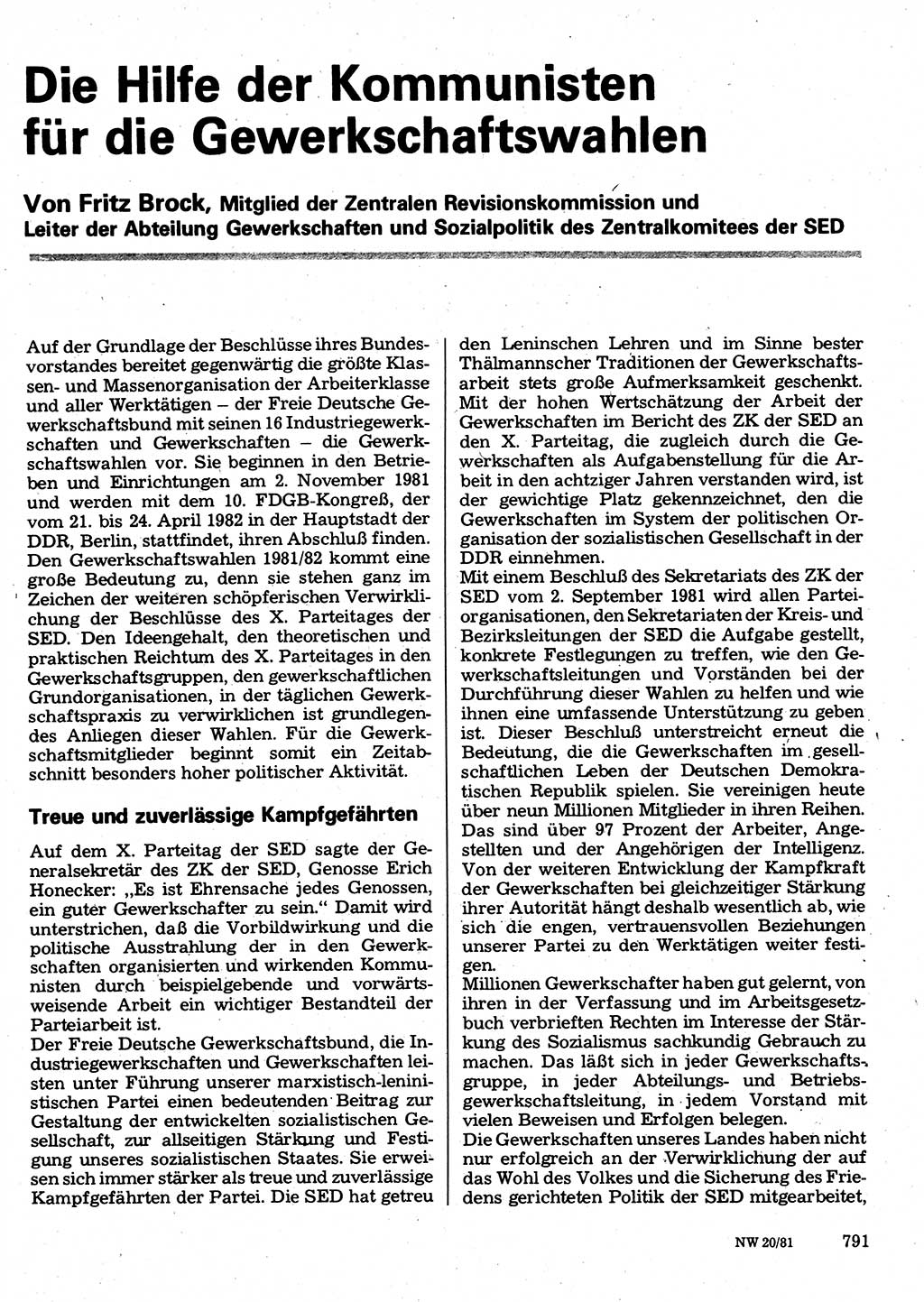 Neuer Weg (NW), Organ des Zentralkomitees (ZK) der SED (Sozialistische Einheitspartei Deutschlands) für Fragen des Parteilebens, 36. Jahrgang [Deutsche Demokratische Republik (DDR)] 1981, Seite 791 (NW ZK SED DDR 1981, S. 791)