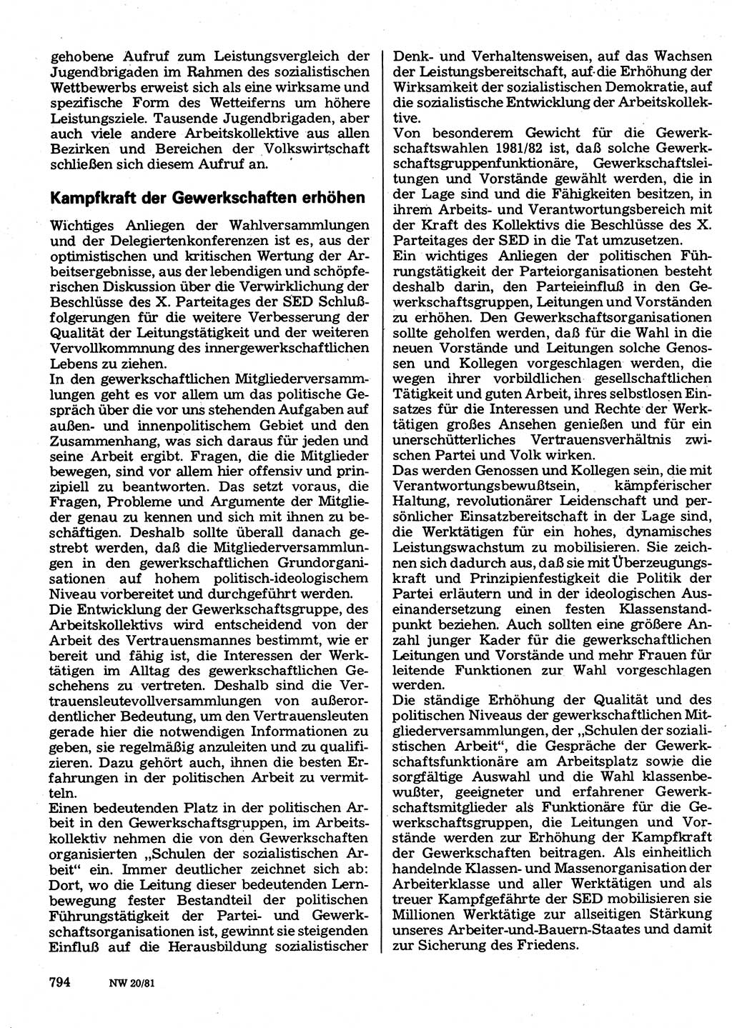 Neuer Weg (NW), Organ des Zentralkomitees (ZK) der SED (Sozialistische Einheitspartei Deutschlands) für Fragen des Parteilebens, 36. Jahrgang [Deutsche Demokratische Republik (DDR)] 1981, Seite 794 (NW ZK SED DDR 1981, S. 794)