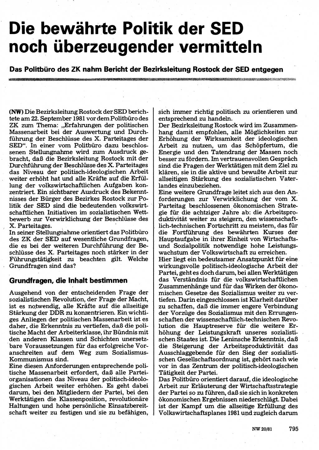 Neuer Weg (NW), Organ des Zentralkomitees (ZK) der SED (Sozialistische Einheitspartei Deutschlands) für Fragen des Parteilebens, 36. Jahrgang [Deutsche Demokratische Republik (DDR)] 1981, Seite 795 (NW ZK SED DDR 1981, S. 795)