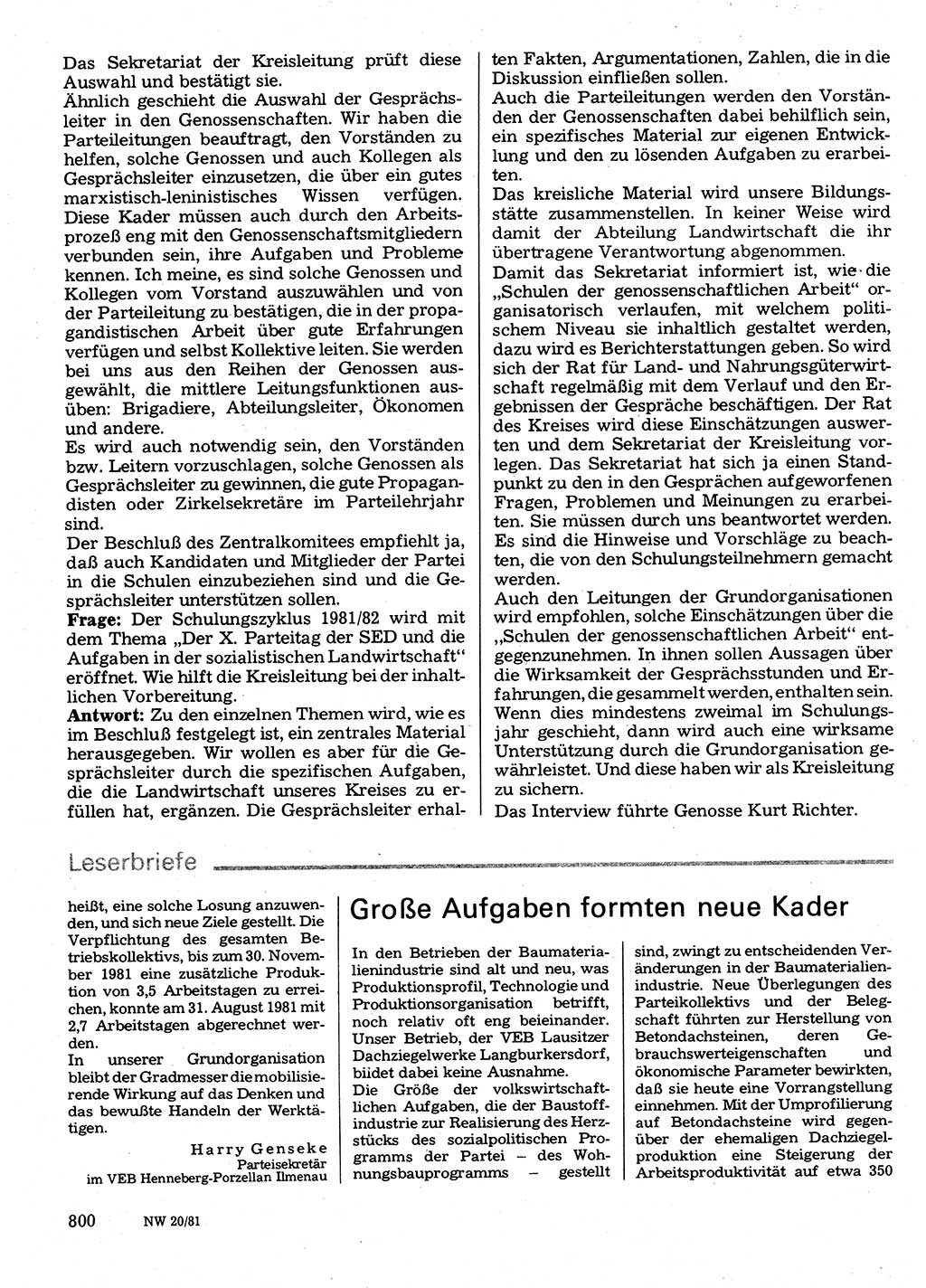 Neuer Weg (NW), Organ des Zentralkomitees (ZK) der SED (Sozialistische Einheitspartei Deutschlands) für Fragen des Parteilebens, 36. Jahrgang [Deutsche Demokratische Republik (DDR)] 1981, Seite 800 (NW ZK SED DDR 1981, S. 800)