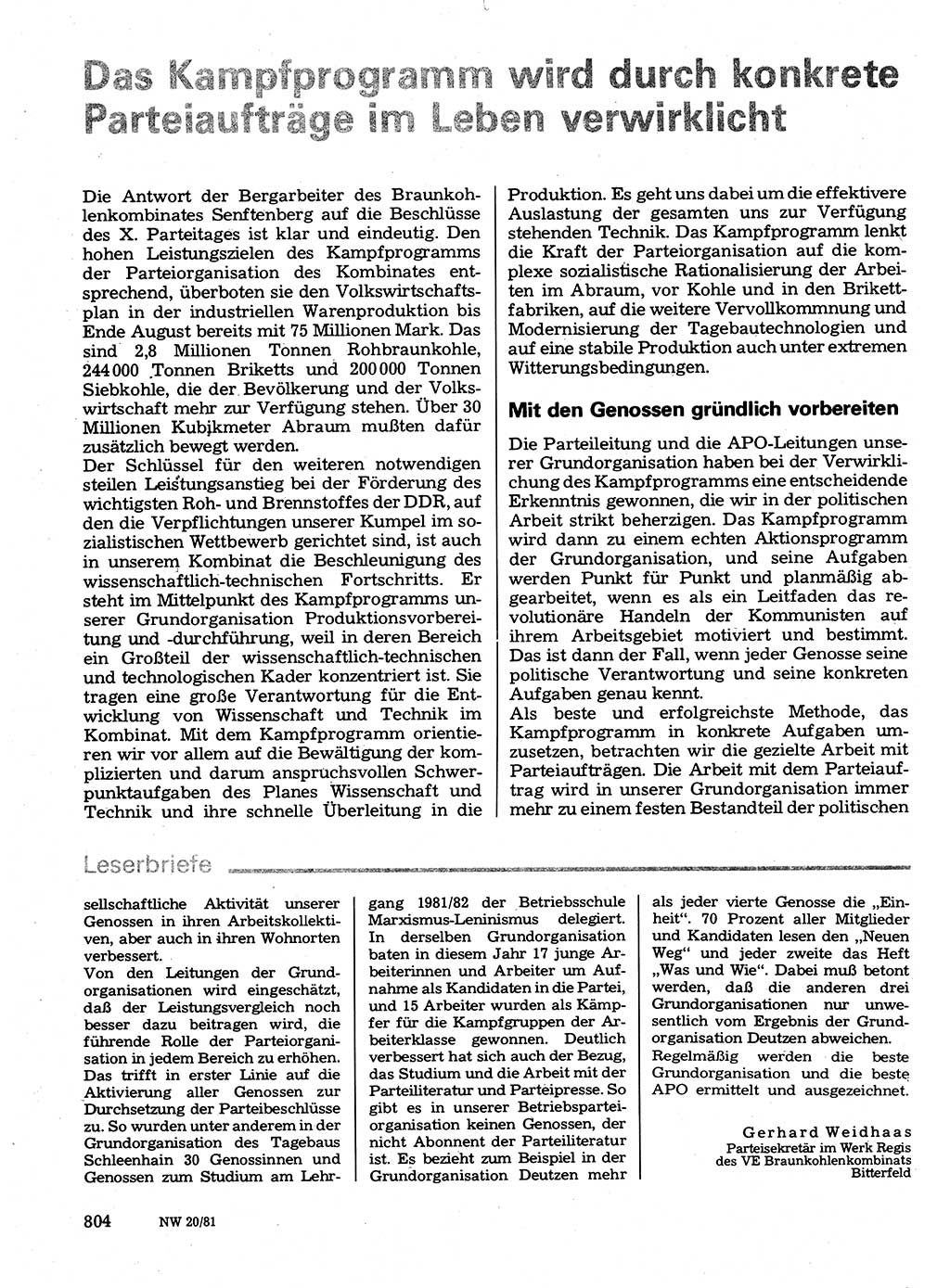 Neuer Weg (NW), Organ des Zentralkomitees (ZK) der SED (Sozialistische Einheitspartei Deutschlands) für Fragen des Parteilebens, 36. Jahrgang [Deutsche Demokratische Republik (DDR)] 1981, Seite 804 (NW ZK SED DDR 1981, S. 804)