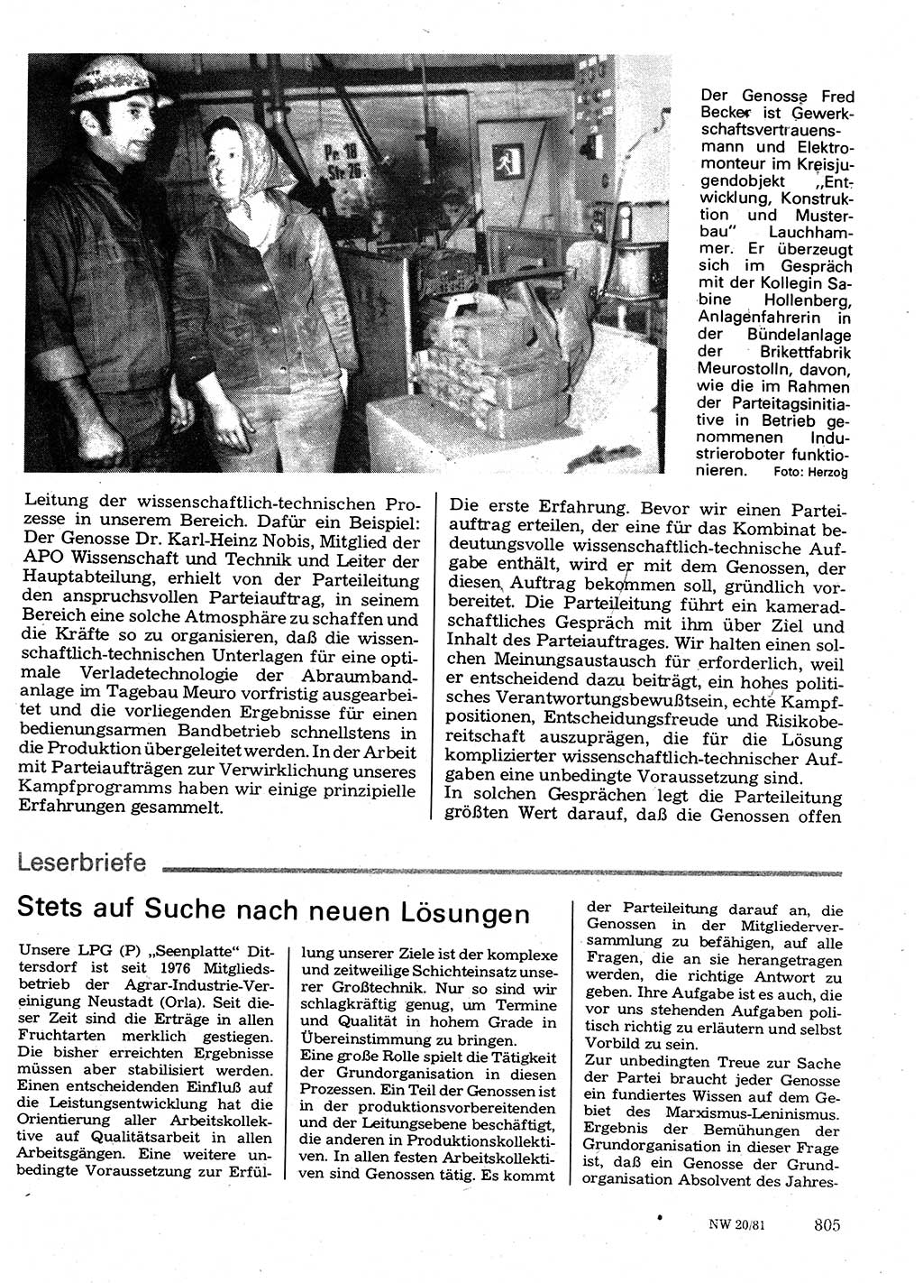 Neuer Weg (NW), Organ des Zentralkomitees (ZK) der SED (Sozialistische Einheitspartei Deutschlands) für Fragen des Parteilebens, 36. Jahrgang [Deutsche Demokratische Republik (DDR)] 1981, Seite 805 (NW ZK SED DDR 1981, S. 805)