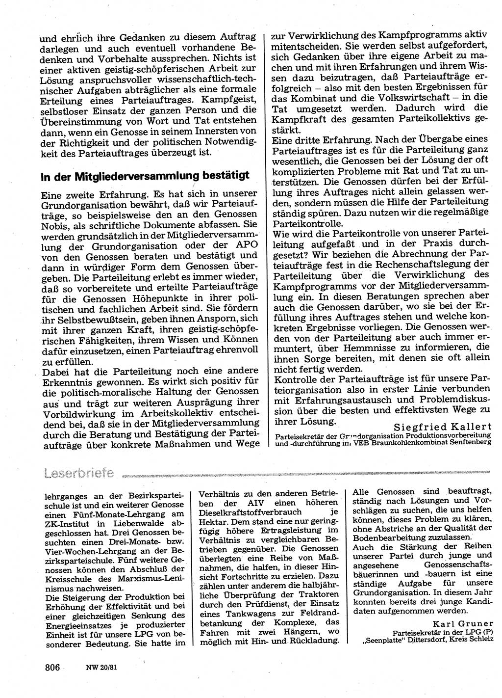 Neuer Weg (NW), Organ des Zentralkomitees (ZK) der SED (Sozialistische Einheitspartei Deutschlands) für Fragen des Parteilebens, 36. Jahrgang [Deutsche Demokratische Republik (DDR)] 1981, Seite 806 (NW ZK SED DDR 1981, S. 806)