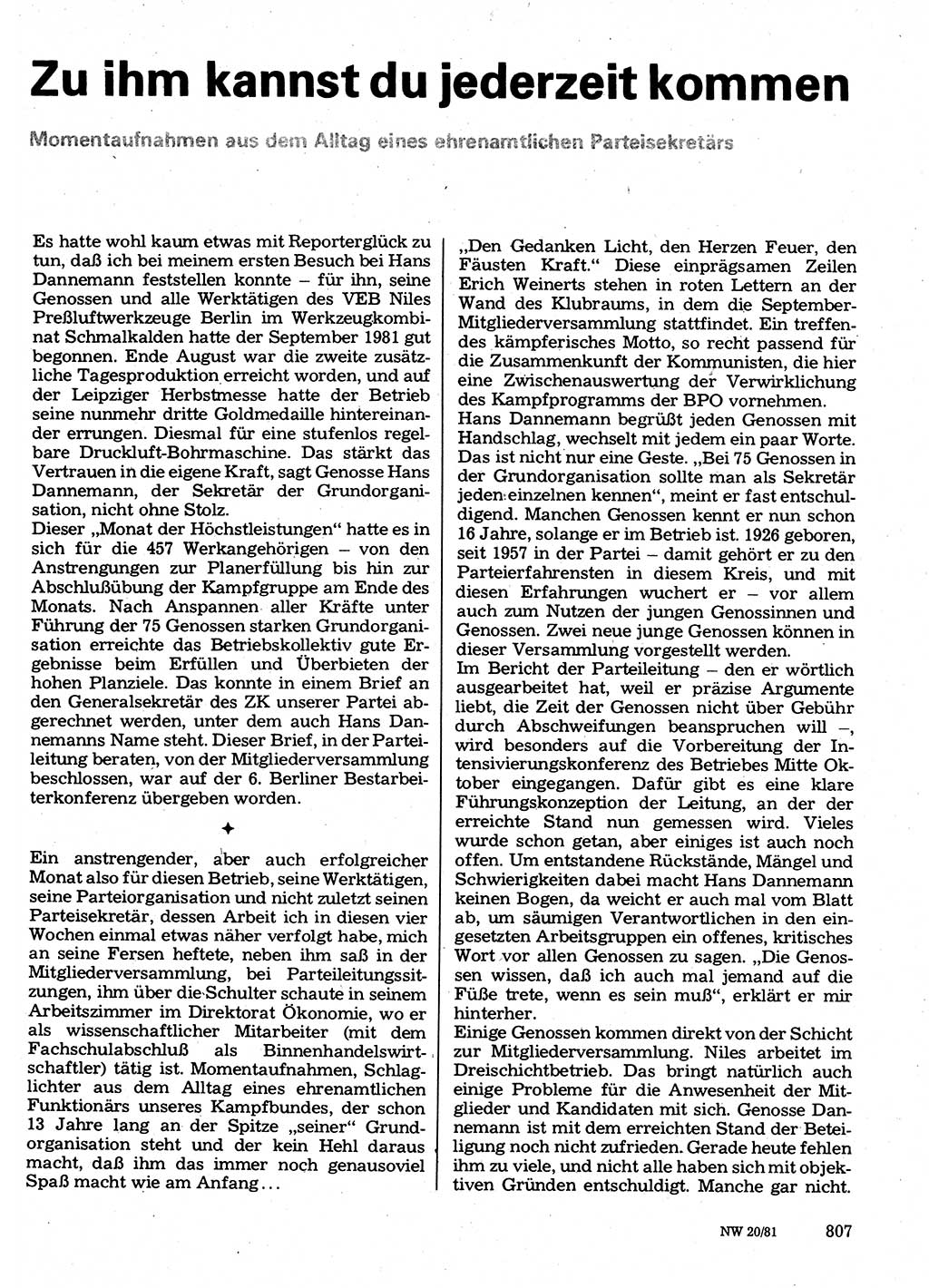 Neuer Weg (NW), Organ des Zentralkomitees (ZK) der SED (Sozialistische Einheitspartei Deutschlands) für Fragen des Parteilebens, 36. Jahrgang [Deutsche Demokratische Republik (DDR)] 1981, Seite 807 (NW ZK SED DDR 1981, S. 807)