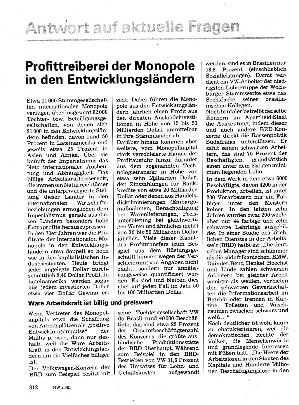 Neuer Weg (NW), Organ des Zentralkomitees (ZK) der SED (Sozialistische Einheitspartei Deutschlands) für Fragen des Parteilebens, 36. Jahrgang [Deutsche Demokratische Republik (DDR)] 1981, Seite 812 (NW ZK SED DDR 1981, S. 812)