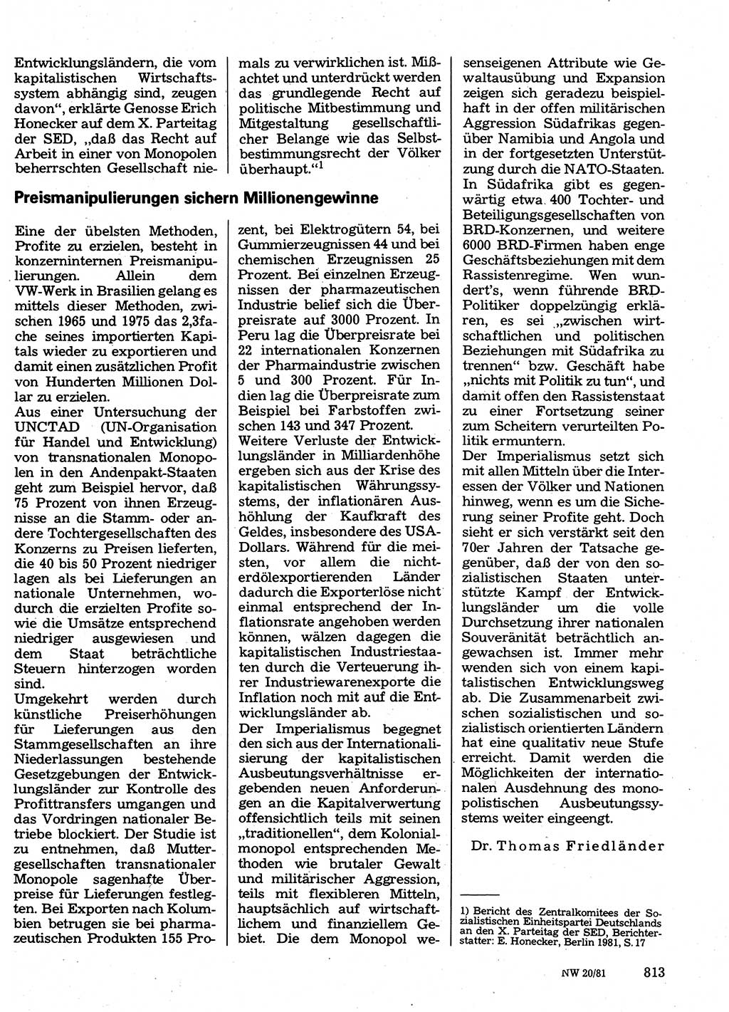 Neuer Weg (NW), Organ des Zentralkomitees (ZK) der SED (Sozialistische Einheitspartei Deutschlands) für Fragen des Parteilebens, 36. Jahrgang [Deutsche Demokratische Republik (DDR)] 1981, Seite 813 (NW ZK SED DDR 1981, S. 813)