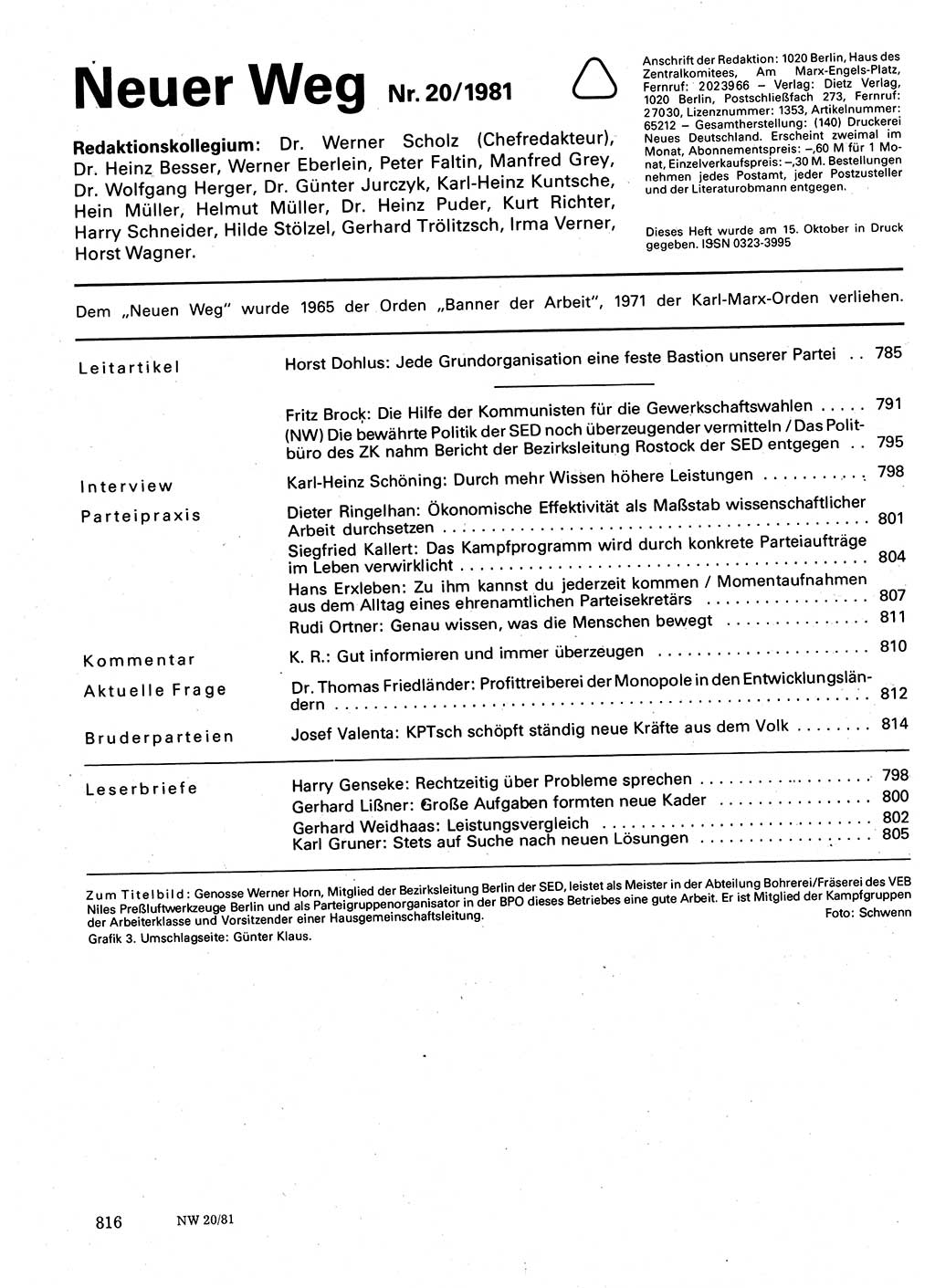 Neuer Weg (NW), Organ des Zentralkomitees (ZK) der SED (Sozialistische Einheitspartei Deutschlands) für Fragen des Parteilebens, 36. Jahrgang [Deutsche Demokratische Republik (DDR)] 1981, Seite 816 (NW ZK SED DDR 1981, S. 816)