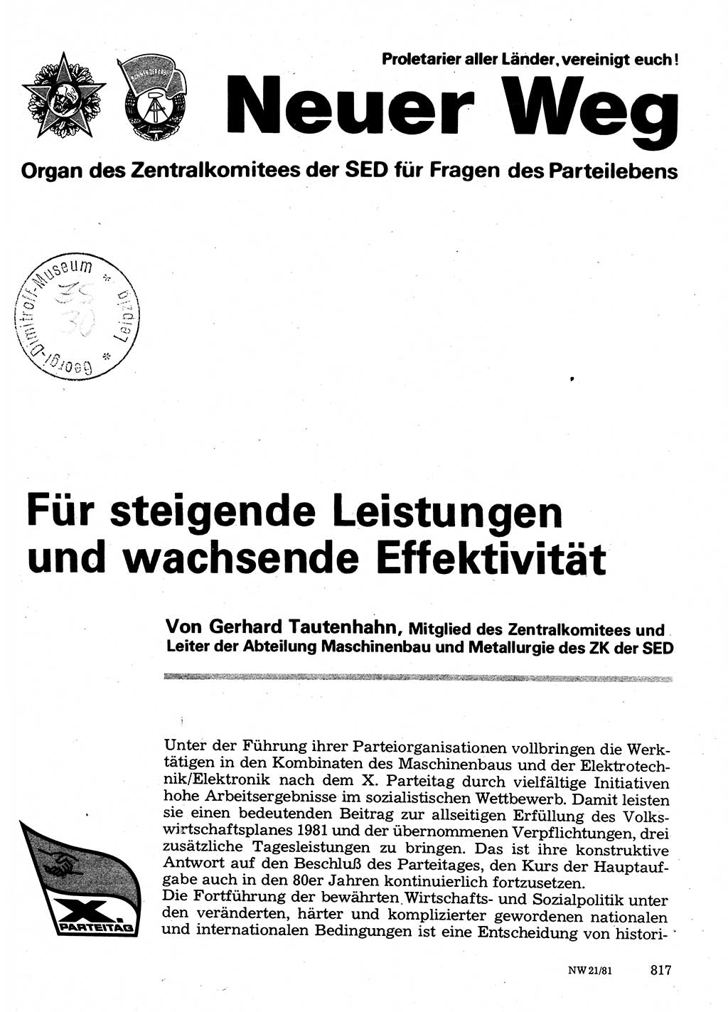 Neuer Weg (NW), Organ des Zentralkomitees (ZK) der SED (Sozialistische Einheitspartei Deutschlands) für Fragen des Parteilebens, 36. Jahrgang [Deutsche Demokratische Republik (DDR)] 1981, Seite 817 (NW ZK SED DDR 1981, S. 817)