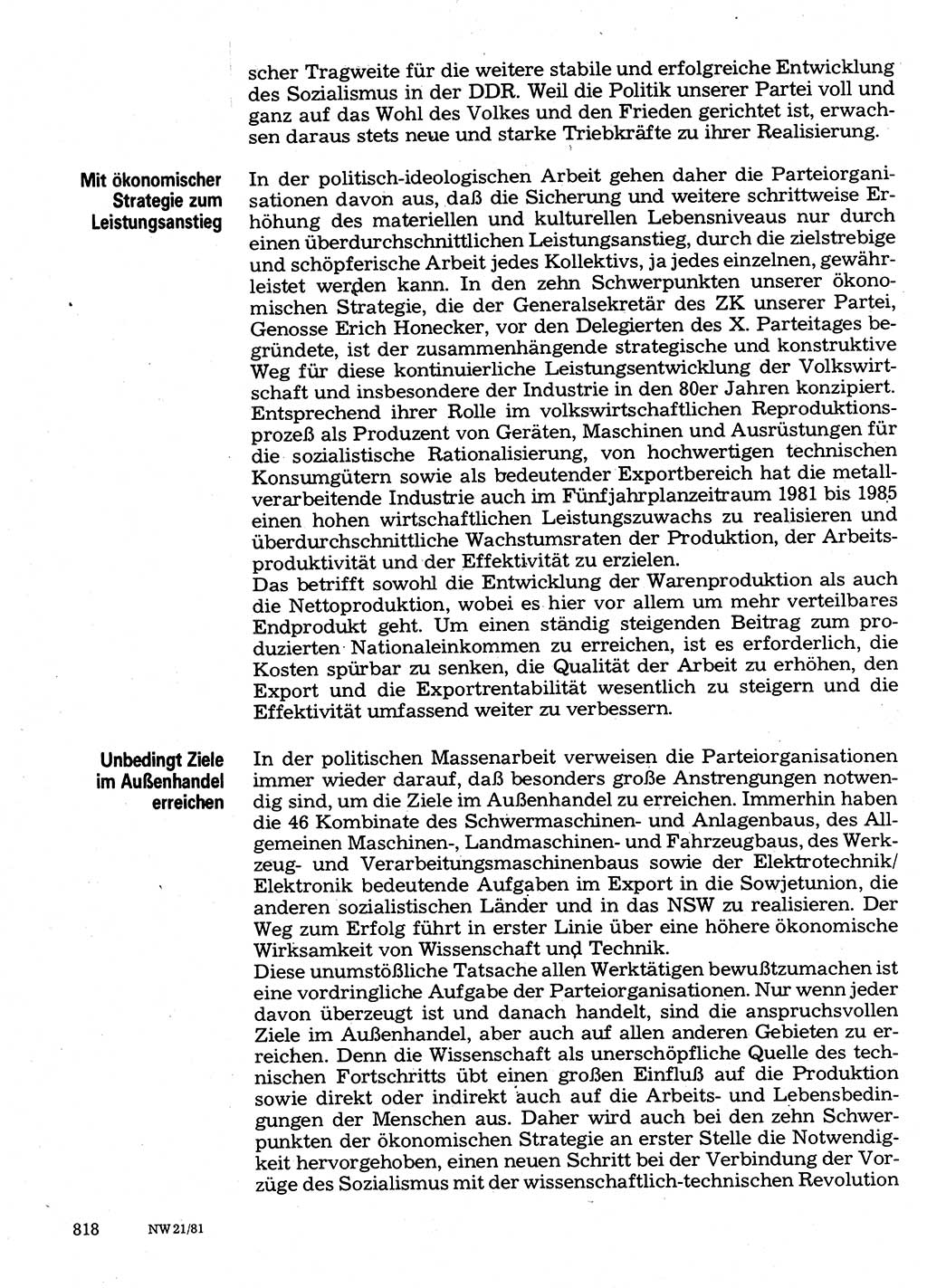 Neuer Weg (NW), Organ des Zentralkomitees (ZK) der SED (Sozialistische Einheitspartei Deutschlands) für Fragen des Parteilebens, 36. Jahrgang [Deutsche Demokratische Republik (DDR)] 1981, Seite 818 (NW ZK SED DDR 1981, S. 818)