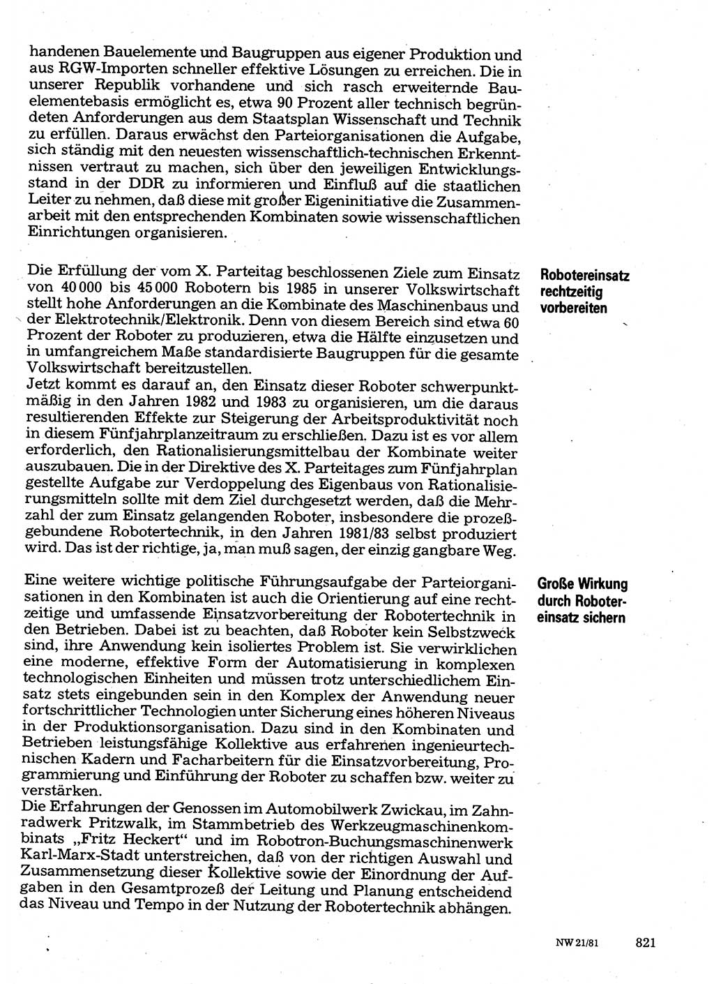 Neuer Weg (NW), Organ des Zentralkomitees (ZK) der SED (Sozialistische Einheitspartei Deutschlands) für Fragen des Parteilebens, 36. Jahrgang [Deutsche Demokratische Republik (DDR)] 1981, Seite 821 (NW ZK SED DDR 1981, S. 821)