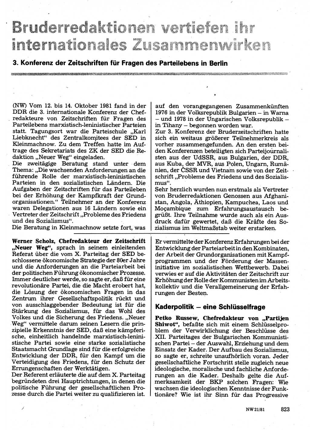 Neuer Weg (NW), Organ des Zentralkomitees (ZK) der SED (Sozialistische Einheitspartei Deutschlands) für Fragen des Parteilebens, 36. Jahrgang [Deutsche Demokratische Republik (DDR)] 1981, Seite 823 (NW ZK SED DDR 1981, S. 823)