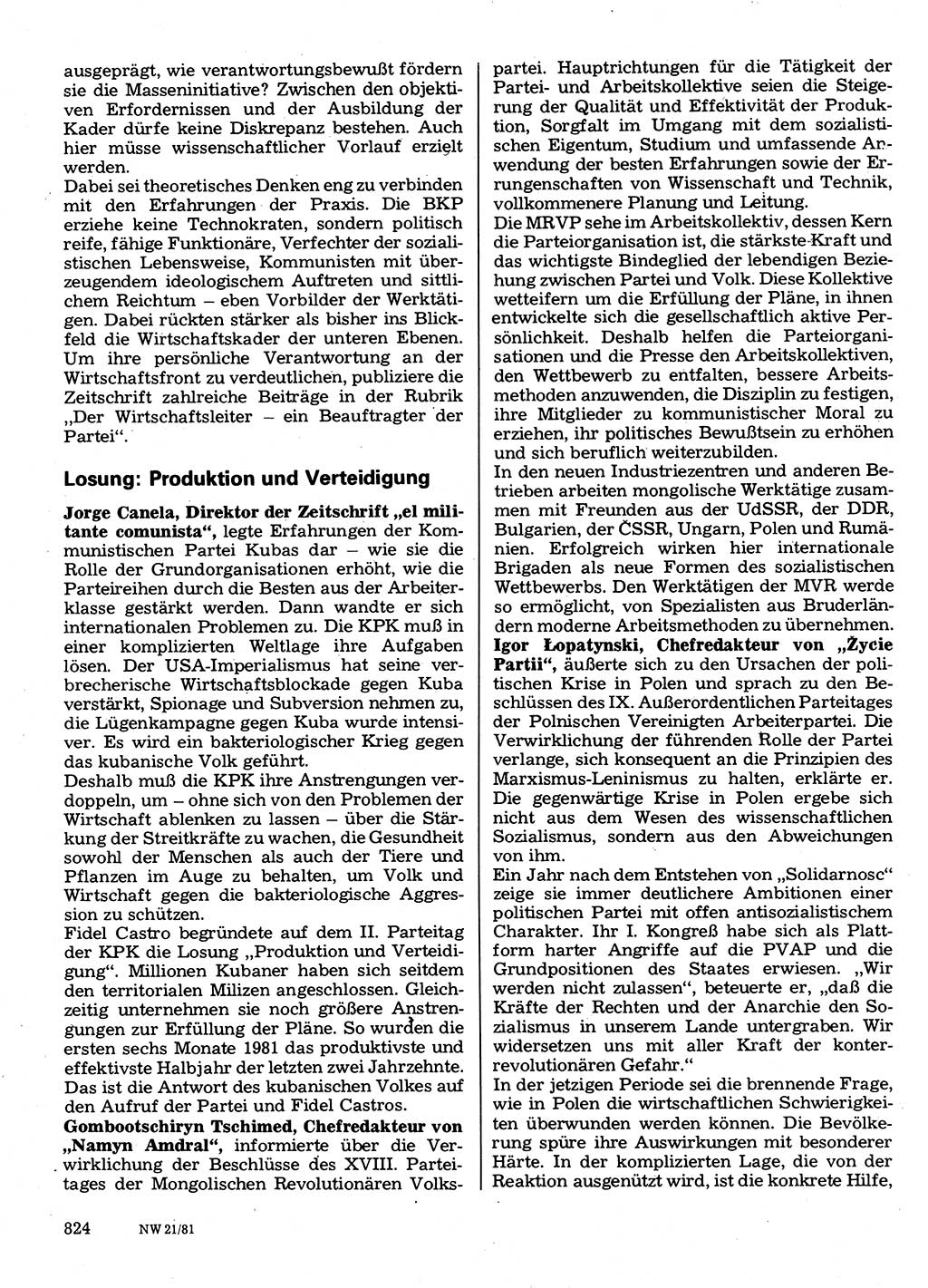Neuer Weg (NW), Organ des Zentralkomitees (ZK) der SED (Sozialistische Einheitspartei Deutschlands) für Fragen des Parteilebens, 36. Jahrgang [Deutsche Demokratische Republik (DDR)] 1981, Seite 824 (NW ZK SED DDR 1981, S. 824)
