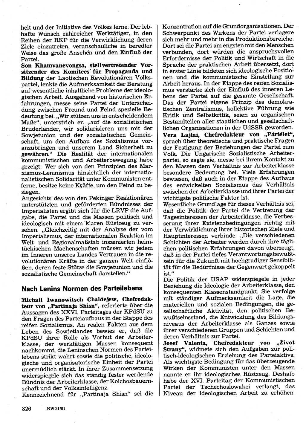 Neuer Weg (NW), Organ des Zentralkomitees (ZK) der SED (Sozialistische Einheitspartei Deutschlands) für Fragen des Parteilebens, 36. Jahrgang [Deutsche Demokratische Republik (DDR)] 1981, Seite 826 (NW ZK SED DDR 1981, S. 826)