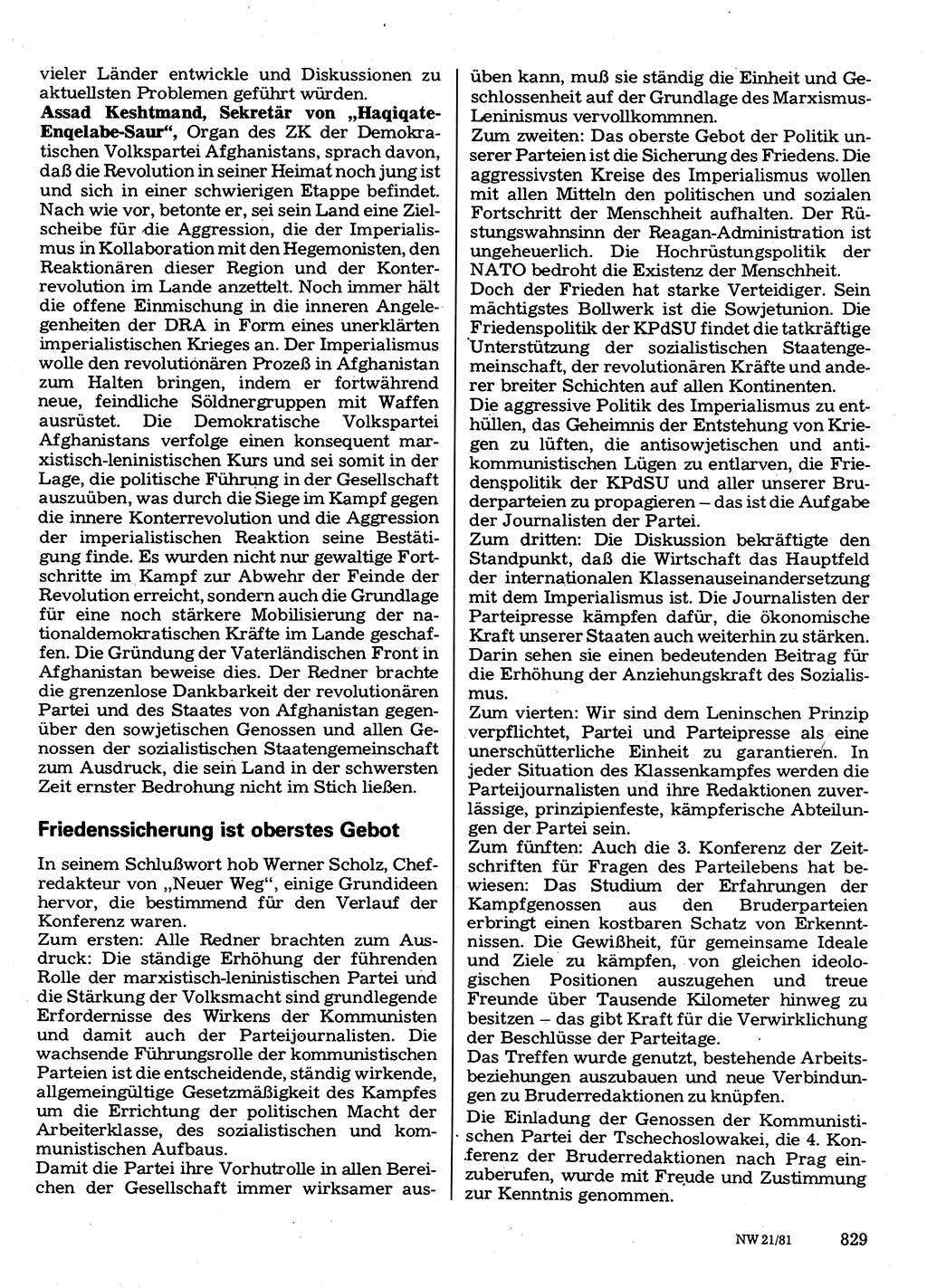 Neuer Weg (NW), Organ des Zentralkomitees (ZK) der SED (Sozialistische Einheitspartei Deutschlands) für Fragen des Parteilebens, 36. Jahrgang [Deutsche Demokratische Republik (DDR)] 1981, Seite 829 (NW ZK SED DDR 1981, S. 829)