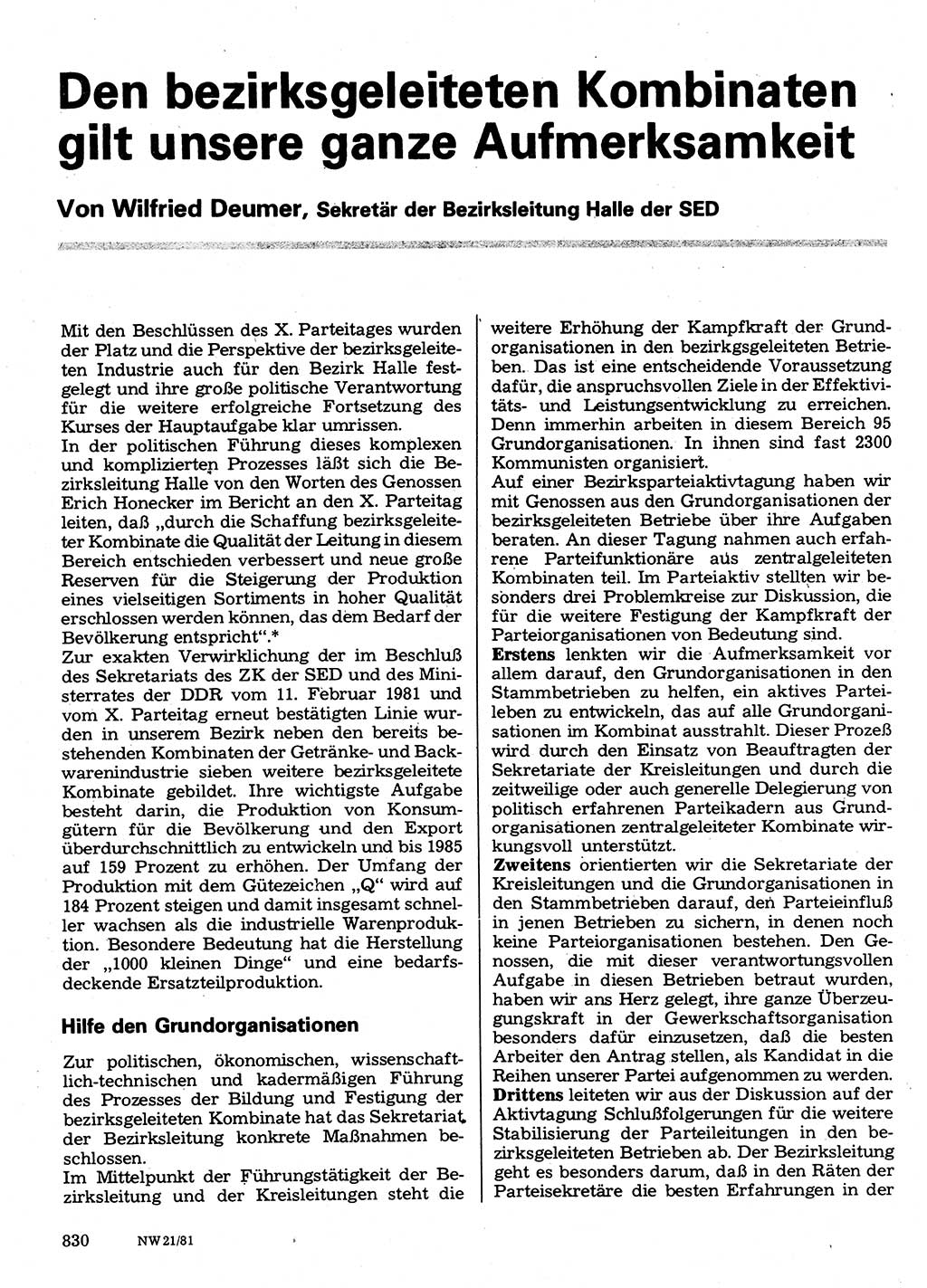 Neuer Weg (NW), Organ des Zentralkomitees (ZK) der SED (Sozialistische Einheitspartei Deutschlands) für Fragen des Parteilebens, 36. Jahrgang [Deutsche Demokratische Republik (DDR)] 1981, Seite 830 (NW ZK SED DDR 1981, S. 830)