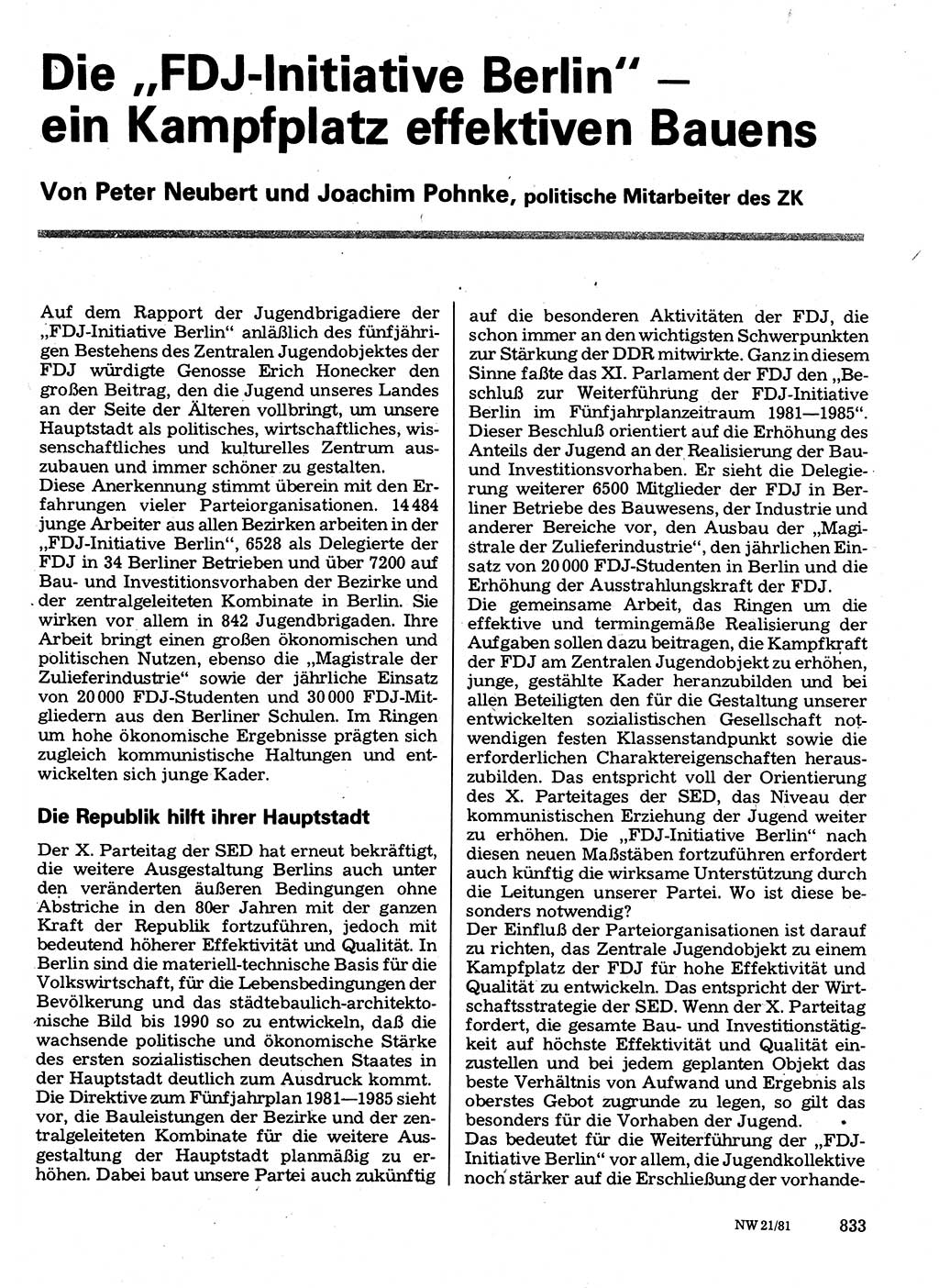 Neuer Weg (NW), Organ des Zentralkomitees (ZK) der SED (Sozialistische Einheitspartei Deutschlands) für Fragen des Parteilebens, 36. Jahrgang [Deutsche Demokratische Republik (DDR)] 1981, Seite 833 (NW ZK SED DDR 1981, S. 833)
