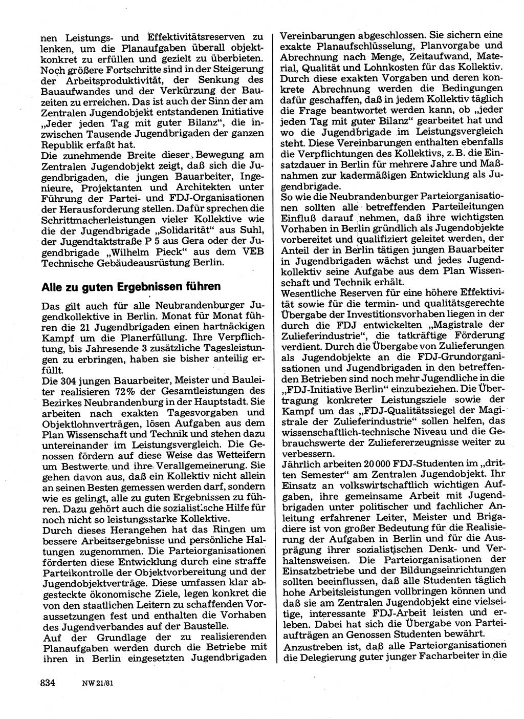 Neuer Weg (NW), Organ des Zentralkomitees (ZK) der SED (Sozialistische Einheitspartei Deutschlands) für Fragen des Parteilebens, 36. Jahrgang [Deutsche Demokratische Republik (DDR)] 1981, Seite 834 (NW ZK SED DDR 1981, S. 834)