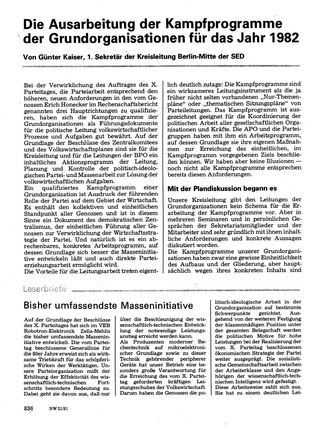 Neuer Weg (NW), Organ des Zentralkomitees (ZK) der SED (Sozialistische Einheitspartei Deutschlands) für Fragen des Parteilebens, 36. Jahrgang [Deutsche Demokratische Republik (DDR)] 1981, Seite 836 (NW ZK SED DDR 1981, S. 836)