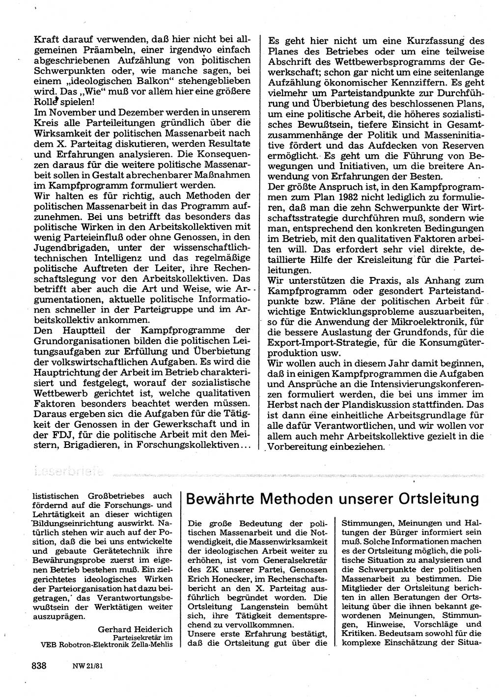 Neuer Weg (NW), Organ des Zentralkomitees (ZK) der SED (Sozialistische Einheitspartei Deutschlands) für Fragen des Parteilebens, 36. Jahrgang [Deutsche Demokratische Republik (DDR)] 1981, Seite 838 (NW ZK SED DDR 1981, S. 838)