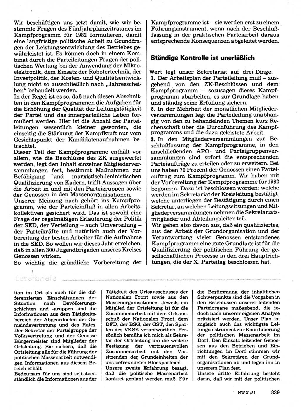Neuer Weg (NW), Organ des Zentralkomitees (ZK) der SED (Sozialistische Einheitspartei Deutschlands) für Fragen des Parteilebens, 36. Jahrgang [Deutsche Demokratische Republik (DDR)] 1981, Seite 839 (NW ZK SED DDR 1981, S. 839)