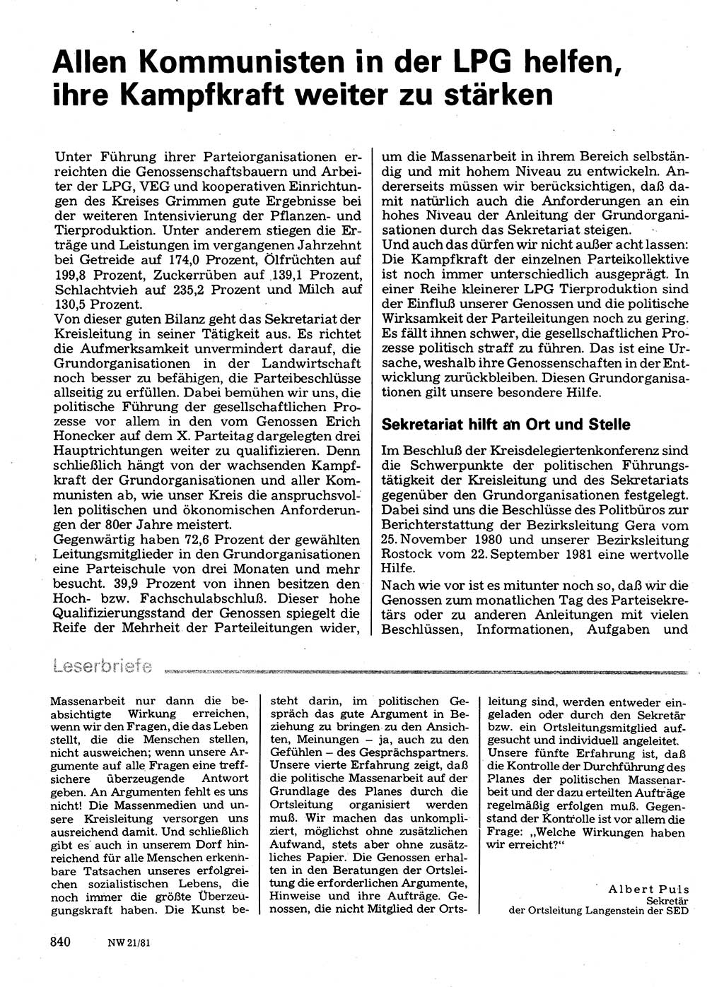 Neuer Weg (NW), Organ des Zentralkomitees (ZK) der SED (Sozialistische Einheitspartei Deutschlands) für Fragen des Parteilebens, 36. Jahrgang [Deutsche Demokratische Republik (DDR)] 1981, Seite 840 (NW ZK SED DDR 1981, S. 840)