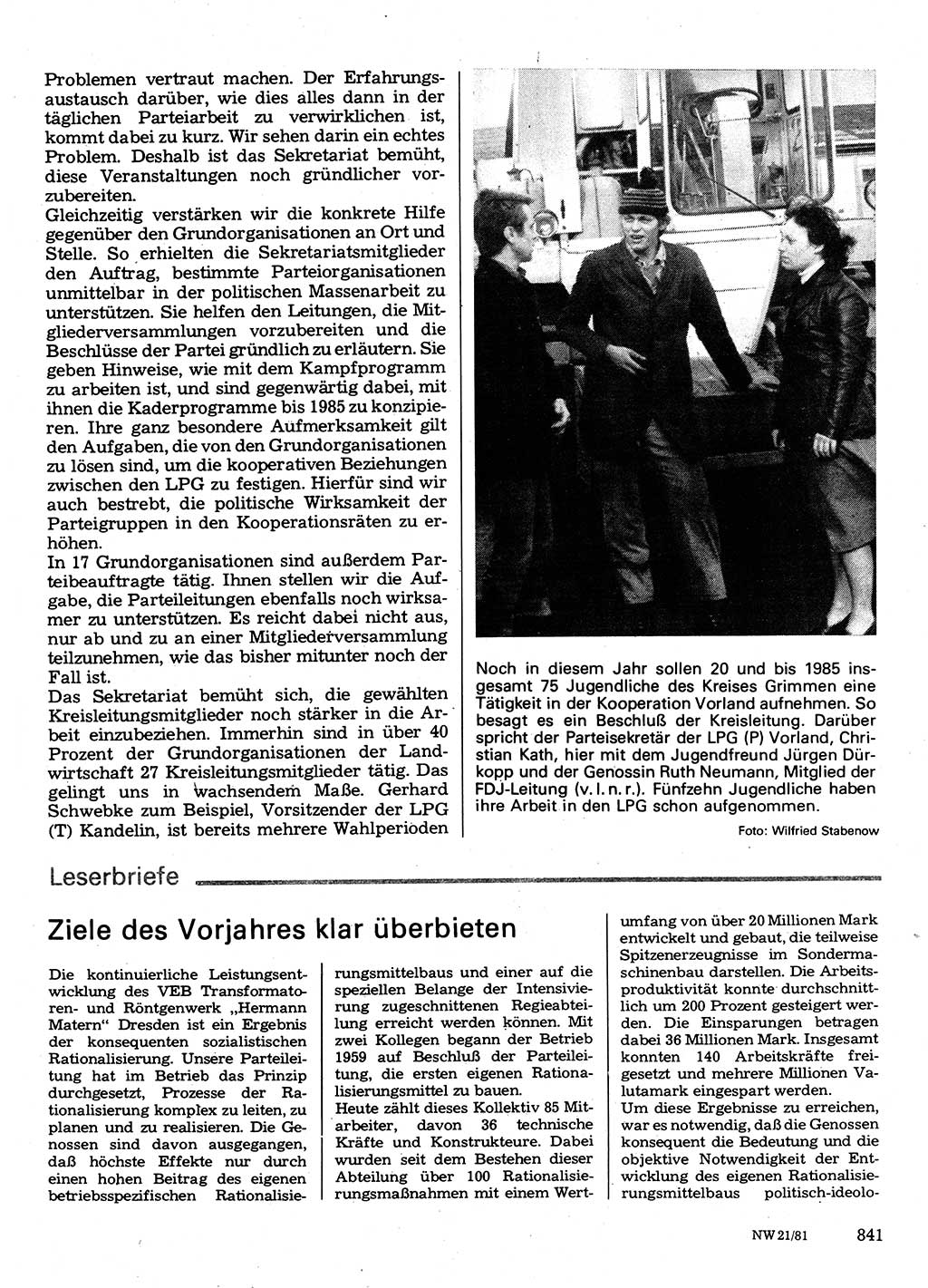 Neuer Weg (NW), Organ des Zentralkomitees (ZK) der SED (Sozialistische Einheitspartei Deutschlands) für Fragen des Parteilebens, 36. Jahrgang [Deutsche Demokratische Republik (DDR)] 1981, Seite 841 (NW ZK SED DDR 1981, S. 841)